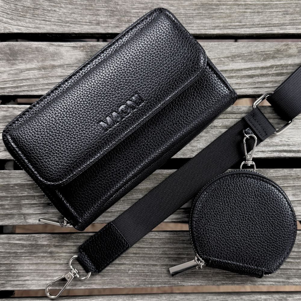 MAONI Geldbörse Geldbörse und Handytasche zum Umhängen - Schwarz (Packung, Handytasche zum Umhängen, einfarbiger Taschengurt, Münztasche), Vegan, Taschengurt auswechselbar, mit Handyfach