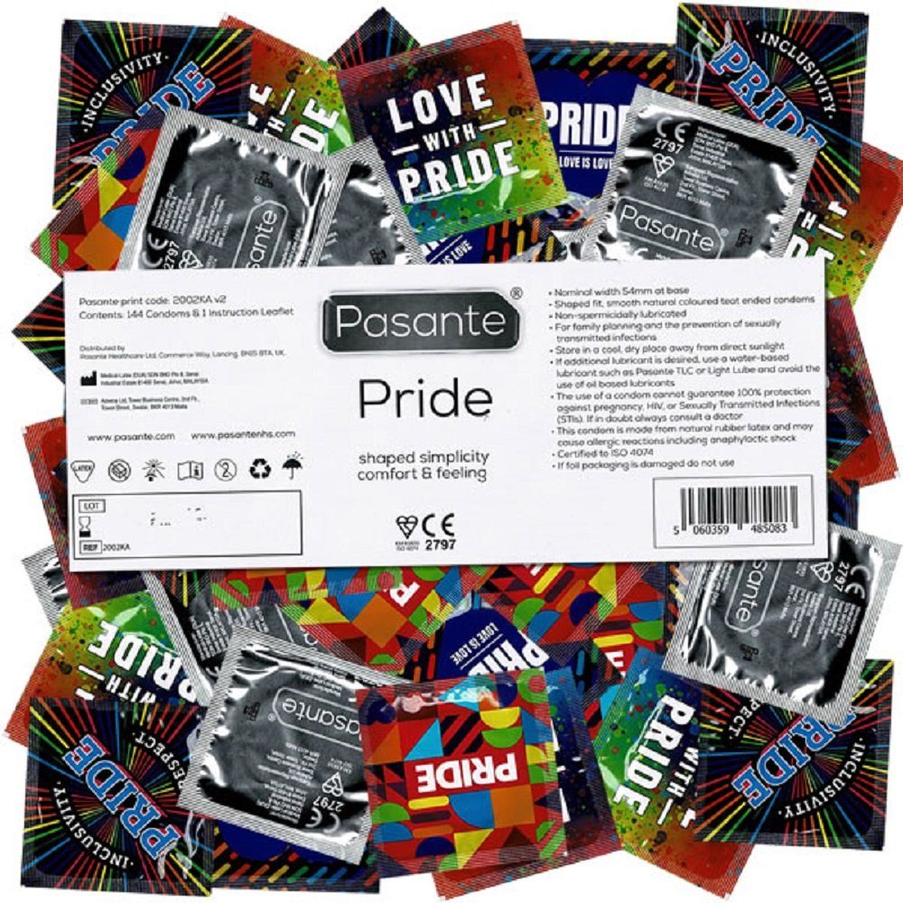 Pasante Kondome Pasante «Pride» 144 Motivkondome mit freizügiger Comfort-Form Packung mit, 144 St., Gaypride Kondome, bedruckte Siegelfolien