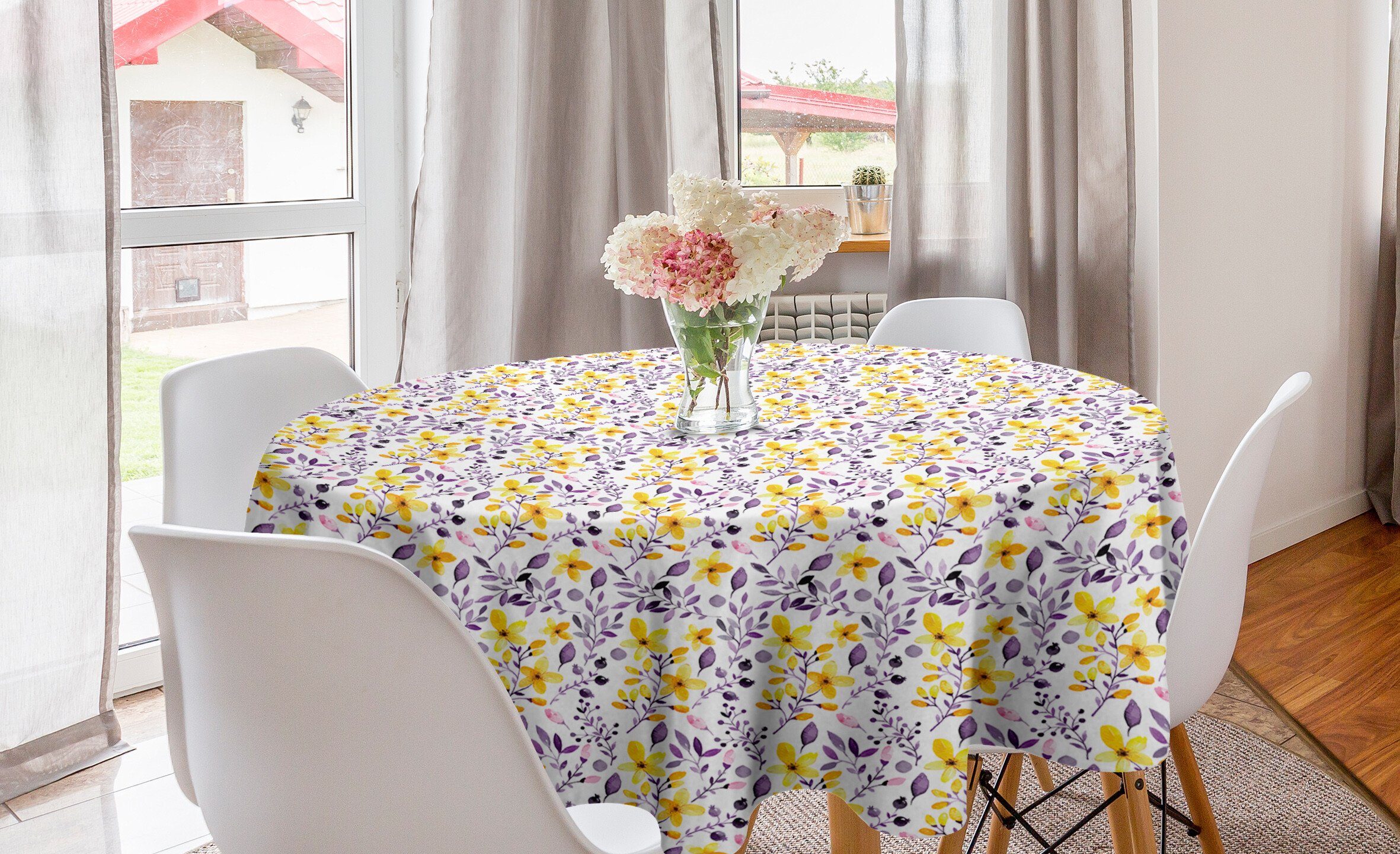 Abakuhaus Tischdecke für Abdeckung Esszimmer Petals Aquarelle Folaige Blumen Kreis Dekoration, Tischdecke Küche