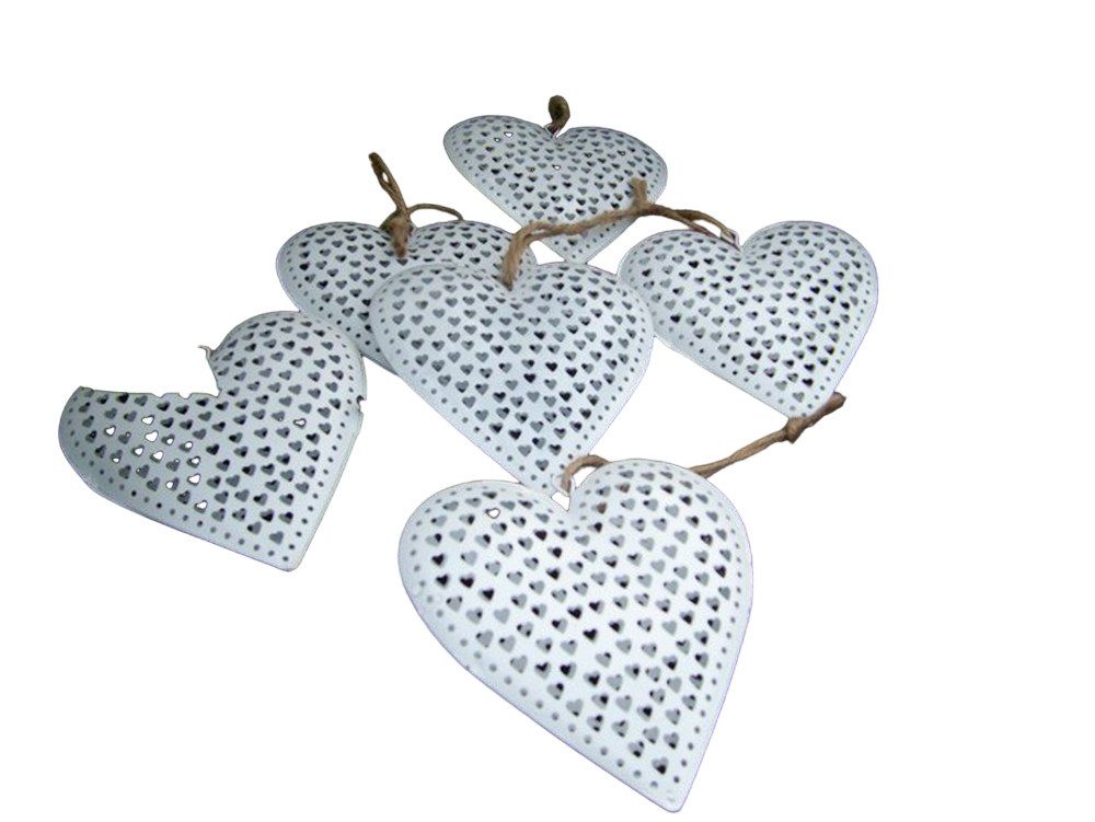 Dekohänger Deko-Hänger, Herzen, 6 Stück, Herzanhänger, Metall, creme Shabby 11 cm