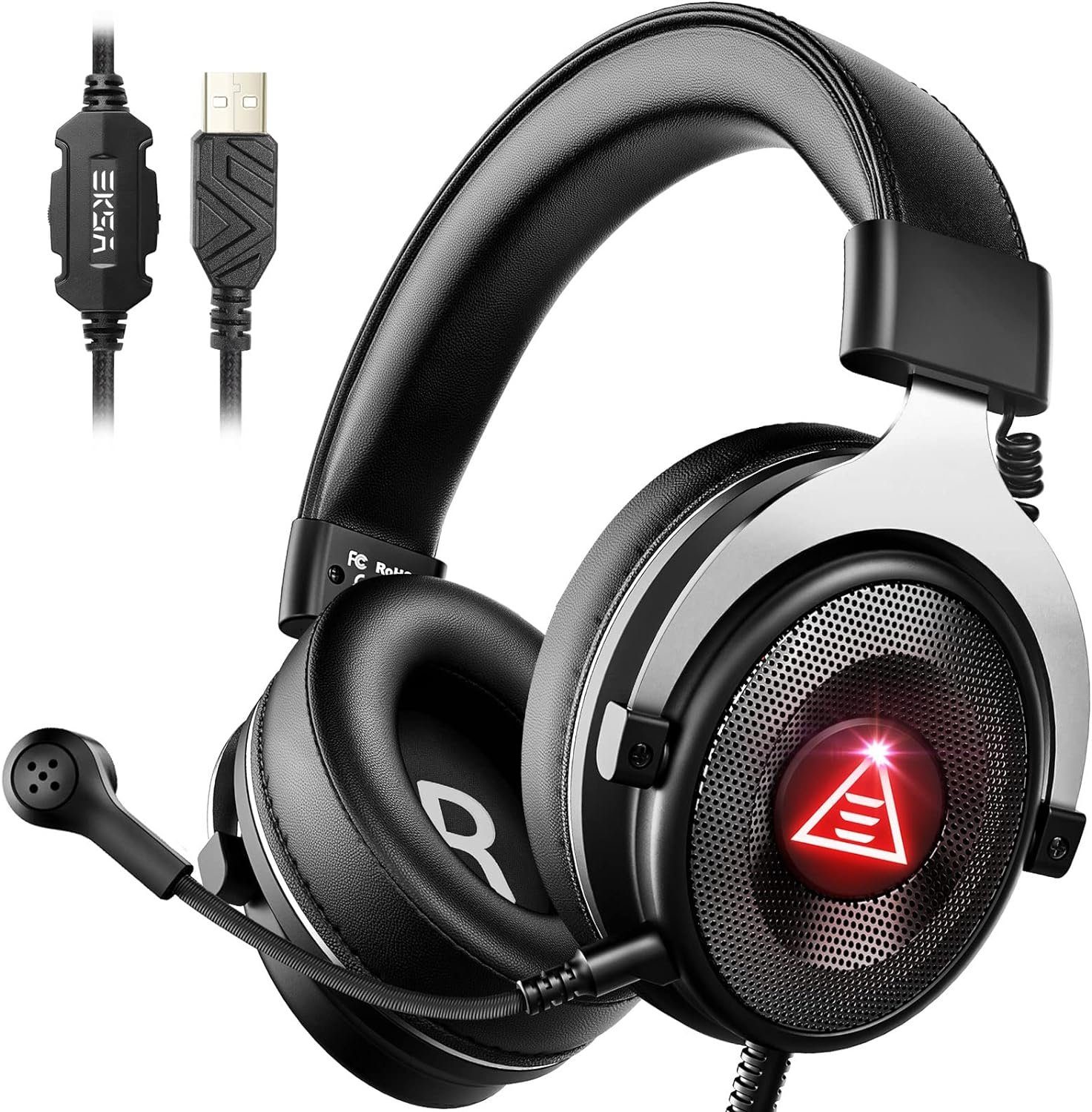 EKSA E900 PLUS Gaming-Headset (50mm Klinke Audio Treiber/LED mit Headset, Headset Ear, 50mm LED-Lichter Audio Ear, Kopfhörer Klinke Over Kopfhörer Gaming Over Treiber/LED Lichter/USB Over-Ear-Kopfhörer) Rauschunterdrückung Lichter/USB Headset