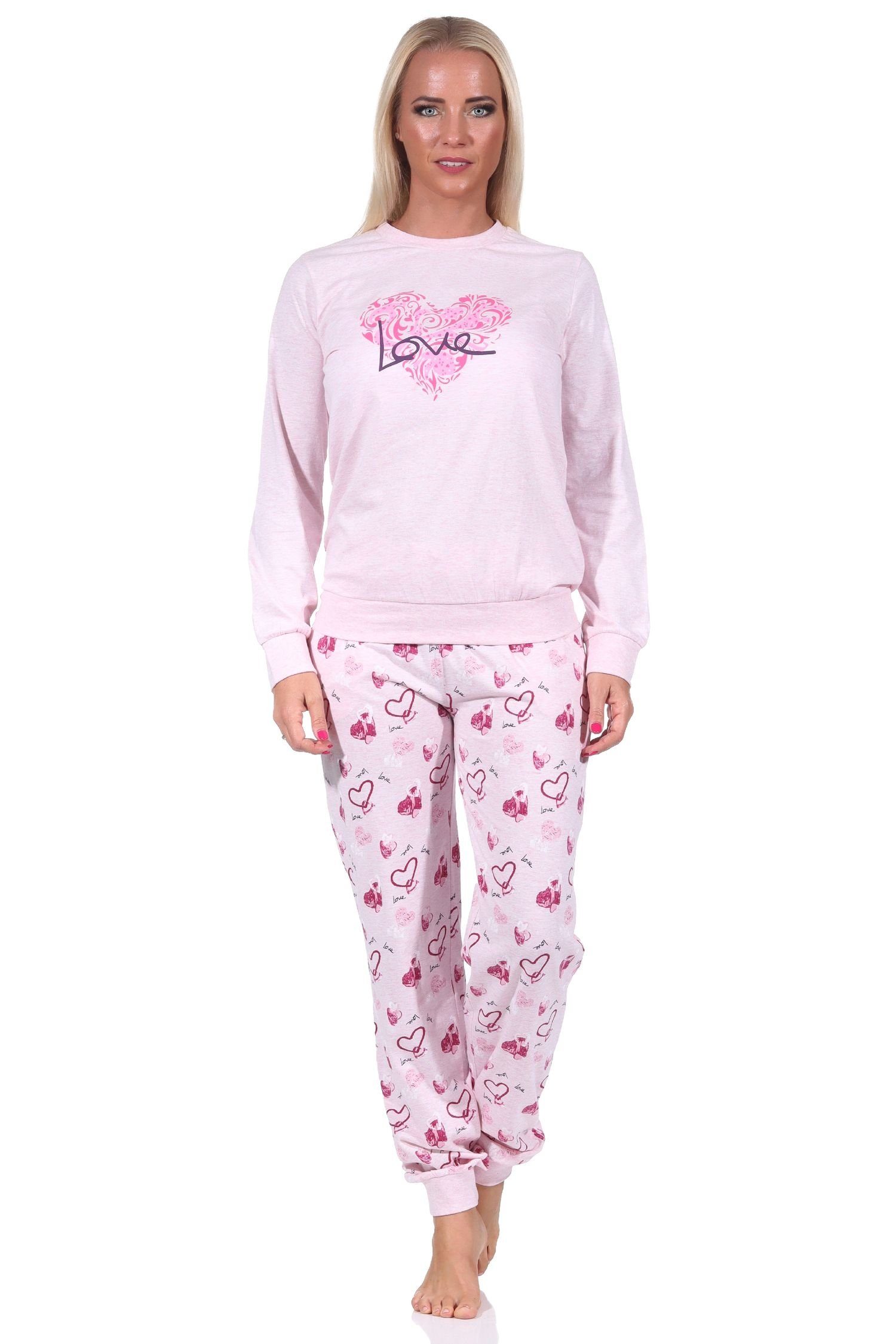 Normann Pyjama Damen Schlafanzug mit Bündchen in Herz Motiv Optik-auch in Übergrößen rosa