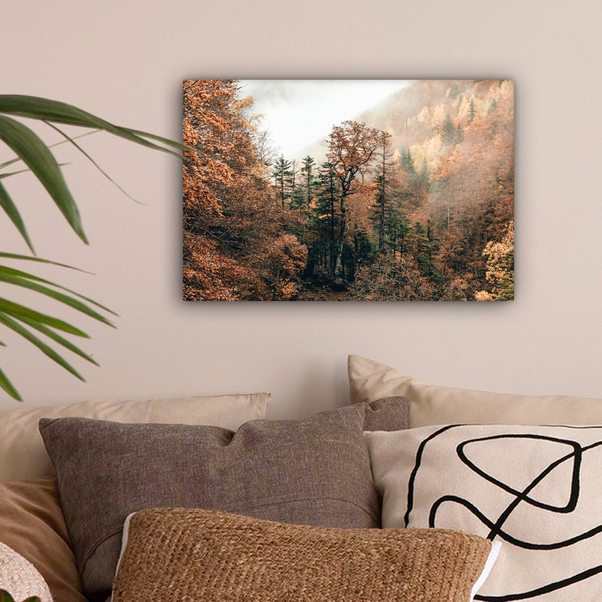 Wanddeko, - Nebel Leinwandbilder, (1 OneMillionCanvasses® Wald Leinwandbild Wandbild - cm 30x20 Natur St), - Aufhängefertig, Herbst,