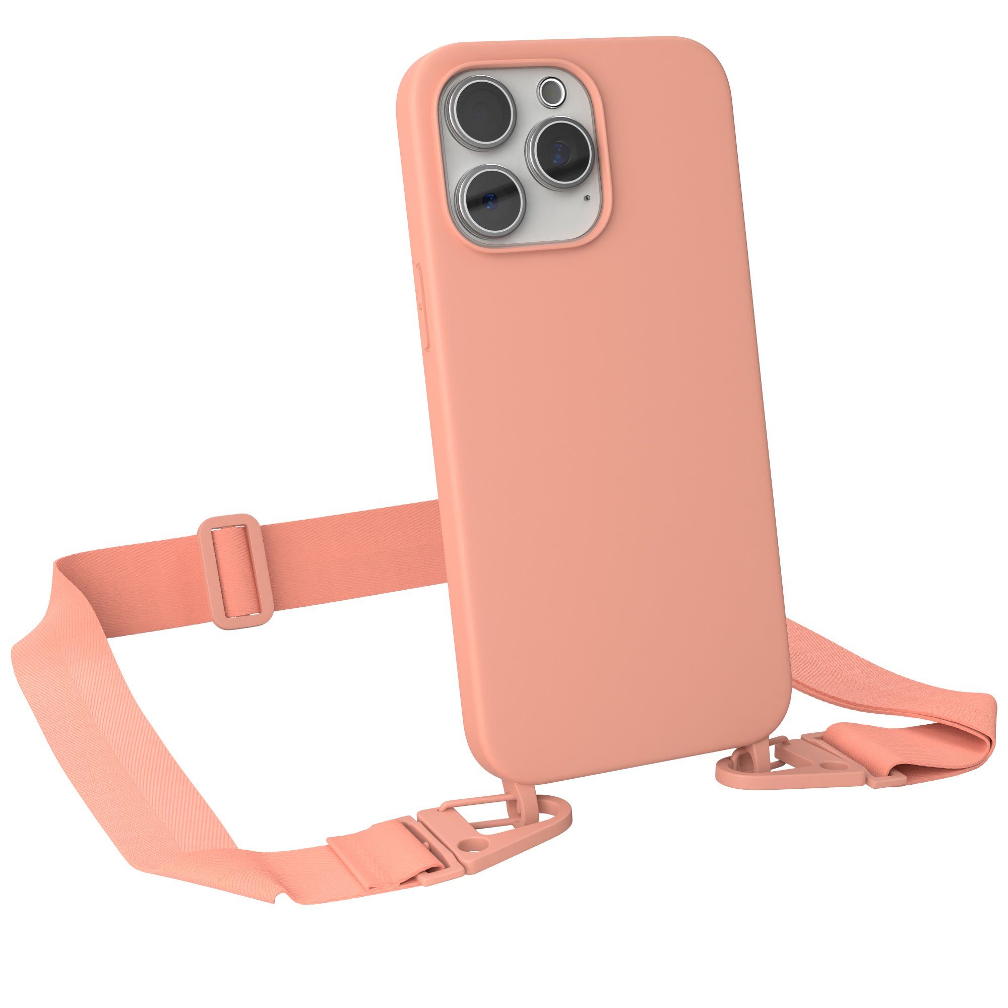 EAZY CASE Handykette Karabiner Breitband für Apple iPhone 15 Pro Max 6,7 Zoll, Silicon Handyhülle mit breiter Kette Carabiner Necklace Altrosa Coral