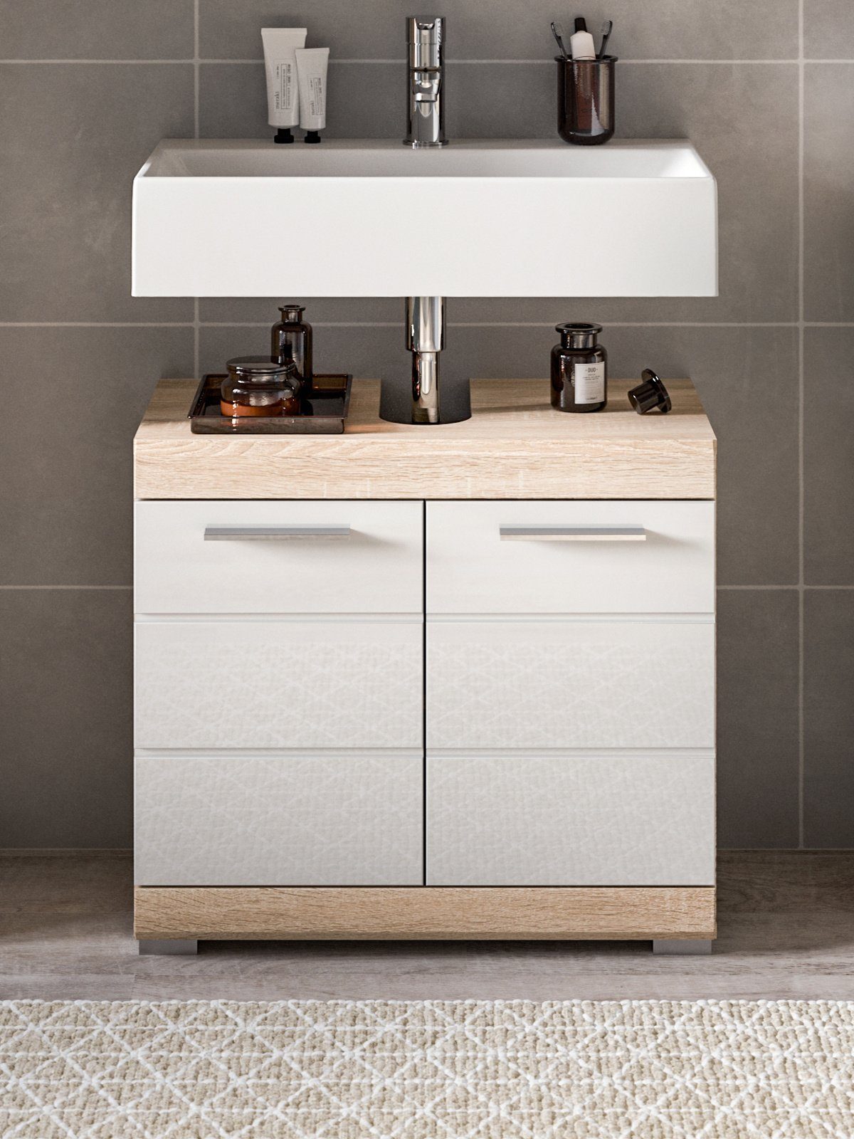 xonox.home Waschbeckenunterschrank Lambada (Badschrank in Hochglanz-Fronten mit cm) Eiche 60 und Sonoma 56 x weiß