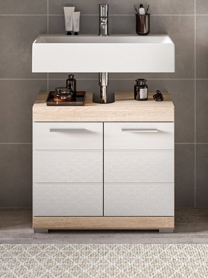 xonox.home Waschbeckenunterschrank Lambada (Badschrank in Sonoma Eiche und  weiß, 60 x 56 cm) mit Hochglanz-Fronten