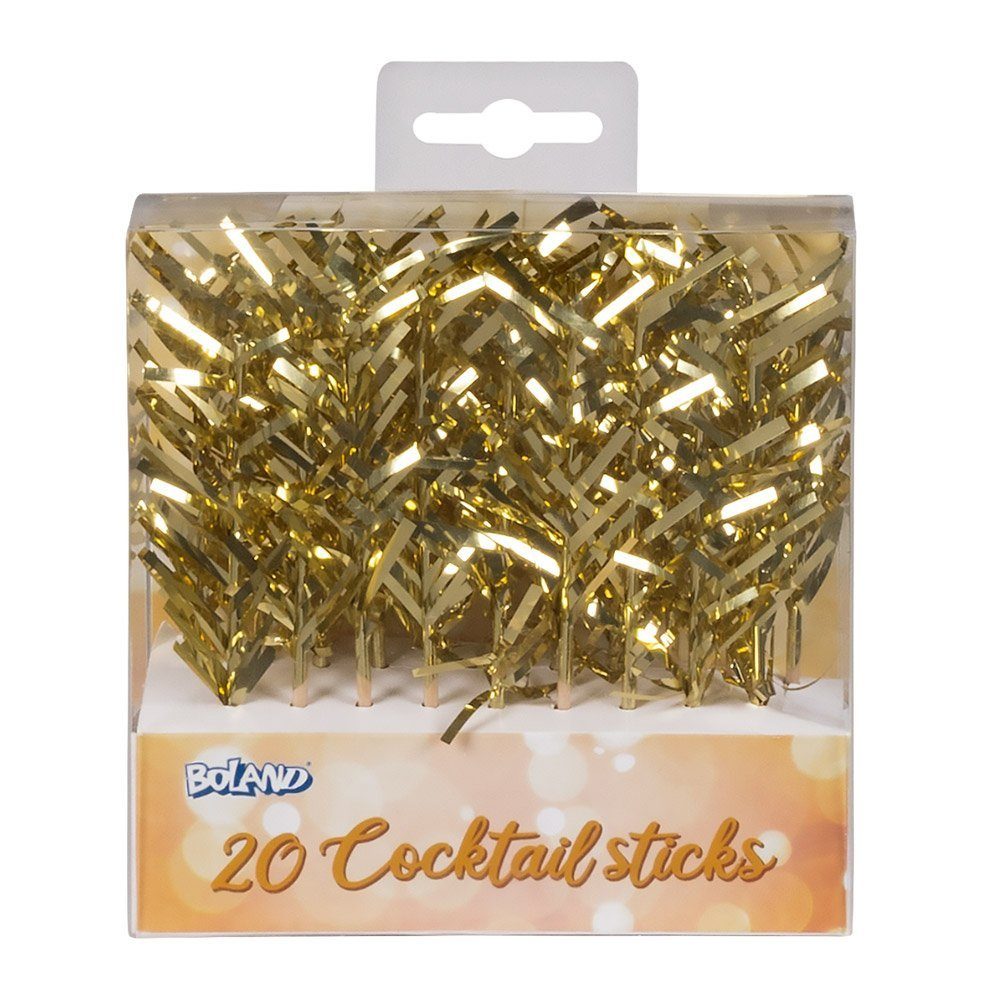 30% cm 20 Einweggeschirr-Set 60% goldenem Holzsticks Cocktailspieße mit Holz, Polyethylen, Boland gold, 10 lange Lametta Lametta 10% PET,