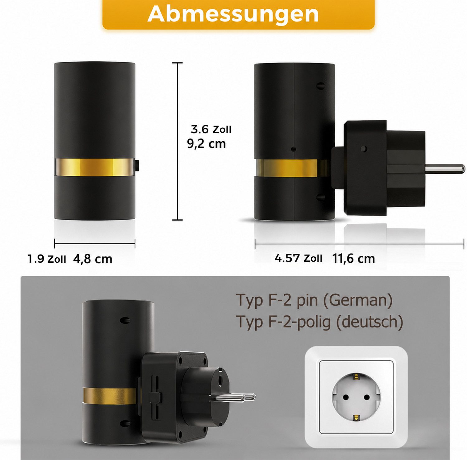 LOHAS-LED Nachtlicht 2er-Set rundes Metall LED Stecknachtlicht mit Dämmerungssensor, LED fest integriert, Warmweiß, Zylinder-Design mit Goldleiste, blendfreies  – Bild 2 von 5