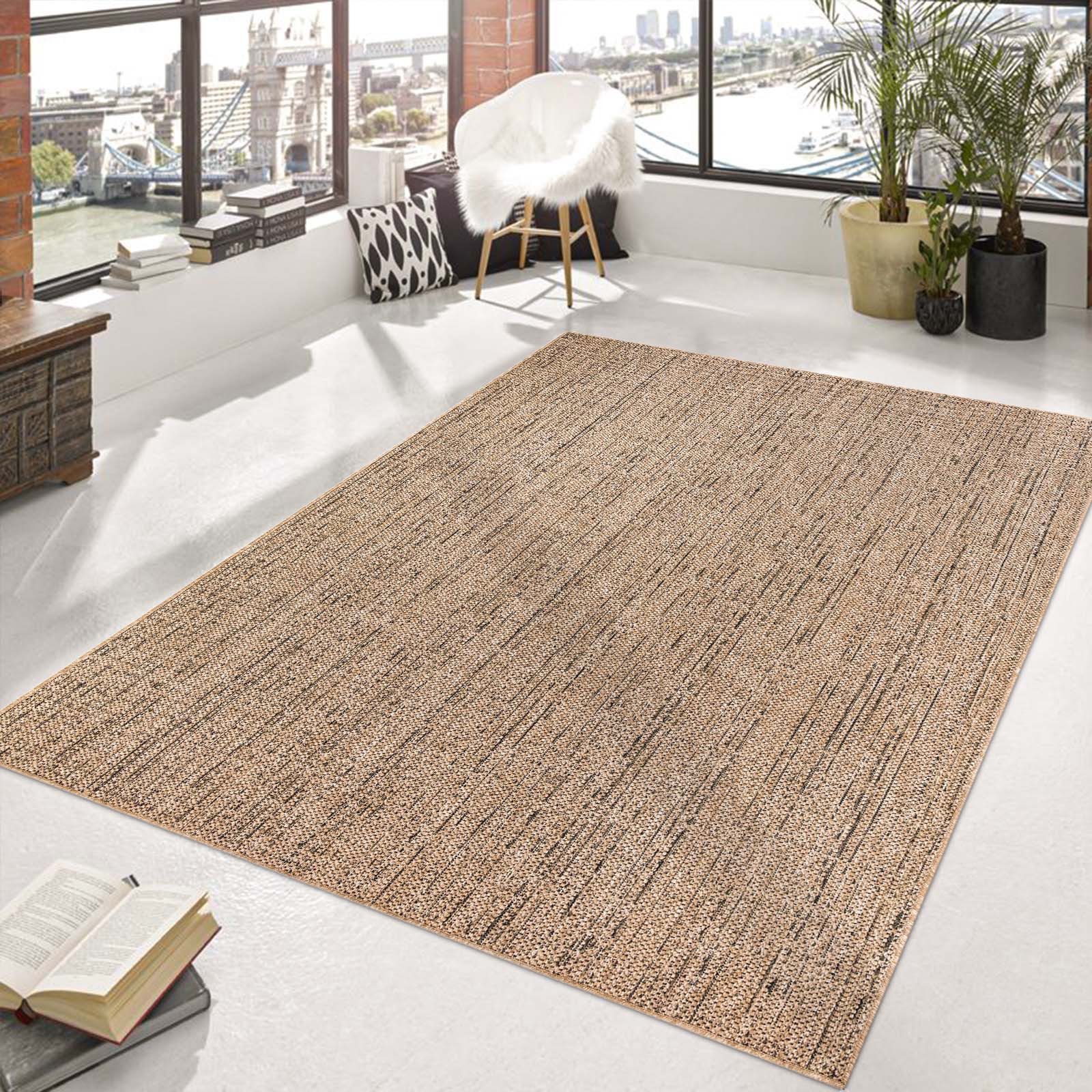 Teppich Outdoor & Indoor Teppich wetterfest Borneo Sisal-Jute-Optik naturfarbe, TaraCarpet, rechteckig, Höhe: 10 mm, Balkon Terrasse Wintergarten Linien nat. Wohnzimmer Esszimmer 80X150