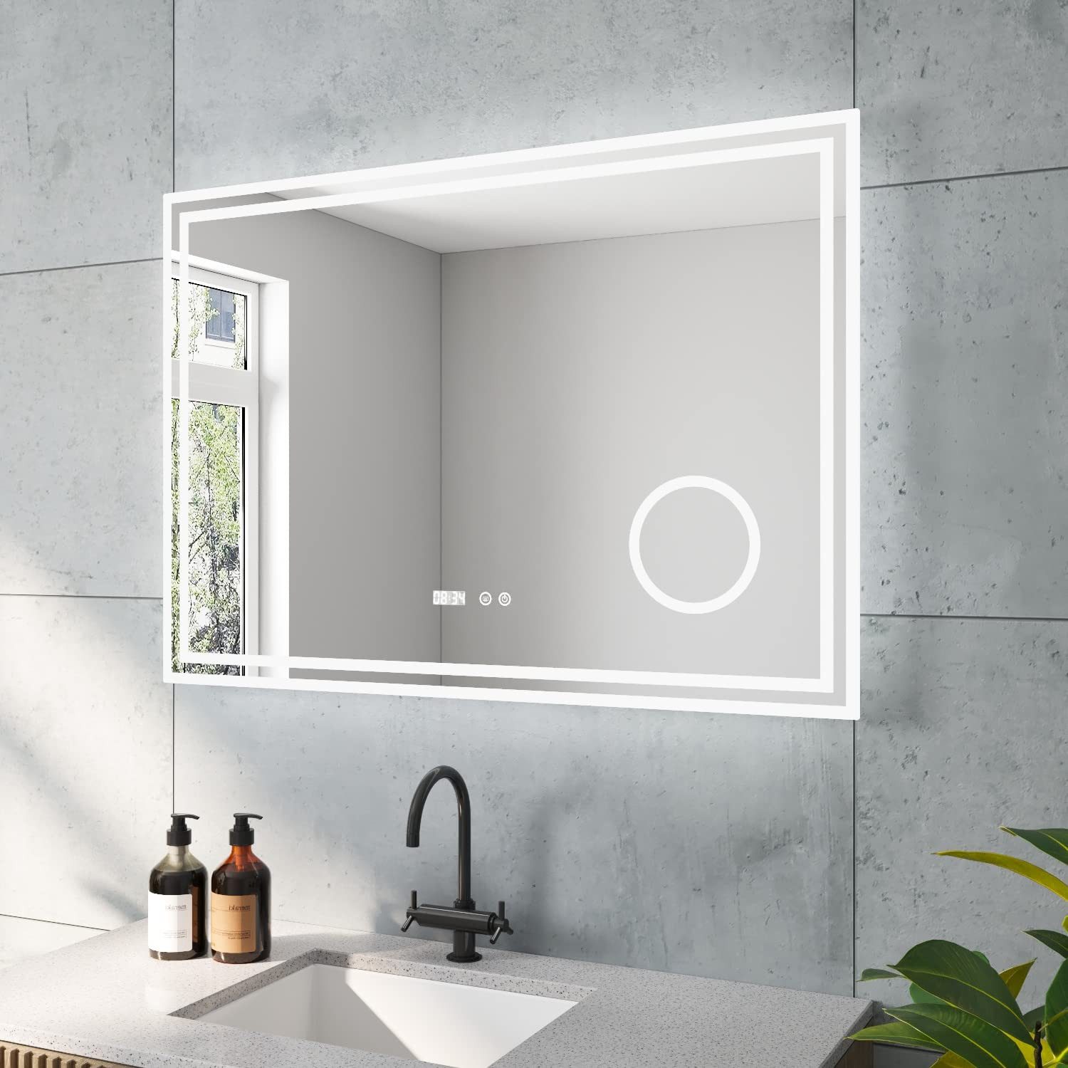 AQUABATOS LED-Lichtspiegel LED Badspiegel Badezimmerspiegel mit Beleuchtung Wandspiegel IP44, Kosmetikspiegel Uhr Touch 3-Fach Vergrößerung Kaltweiß Beschlagfrei