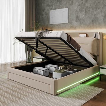 OKWISH Polsterbett Hydraulisches Bett (LED-Licht-Polsterbett, mit Lattenrost, 140*200cm), 2-in-1 Stauraumschubladen, eingelassene LED-Lichtleisten