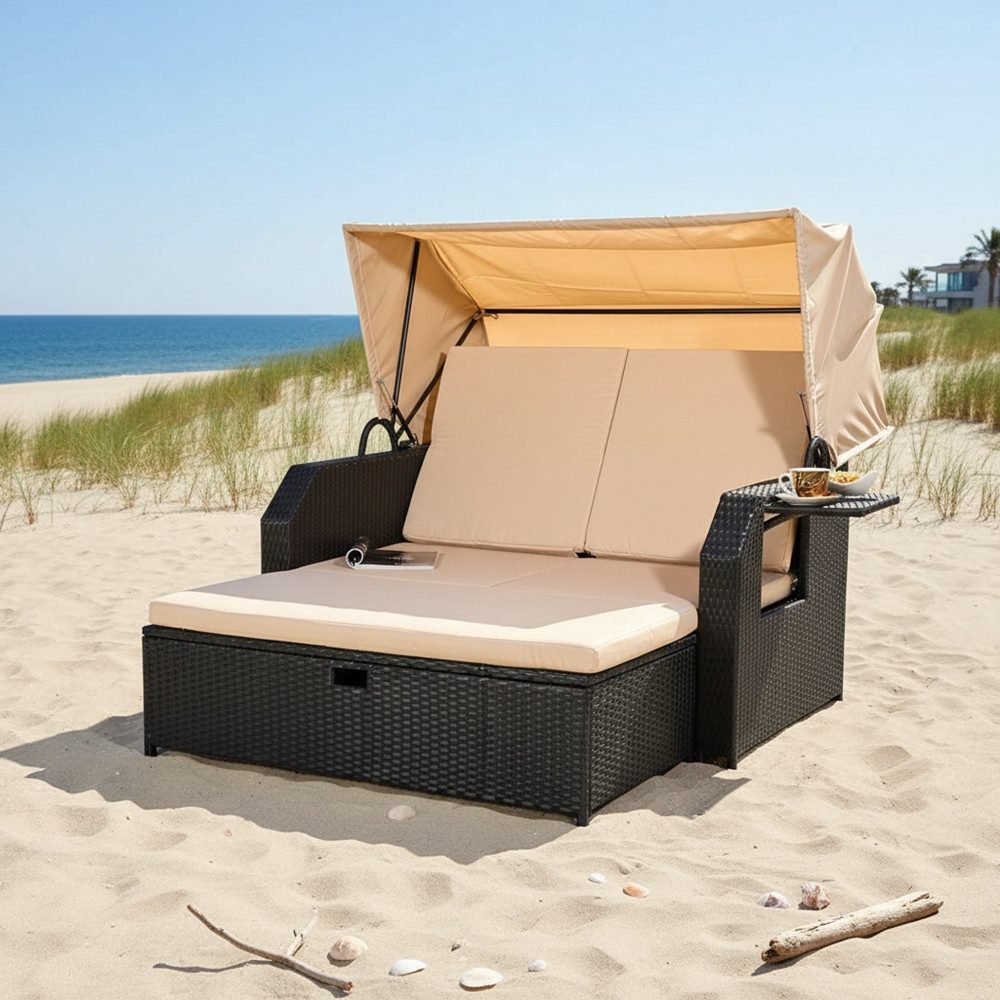 Mucola Strandkorb Strandkorb Sonnenliege Sonnenbett mit Dach aus Polyrattan Relaxliege, BxTxH: 145,00x143,00x130,00 cm, (Stück), Sonnenschutzdach