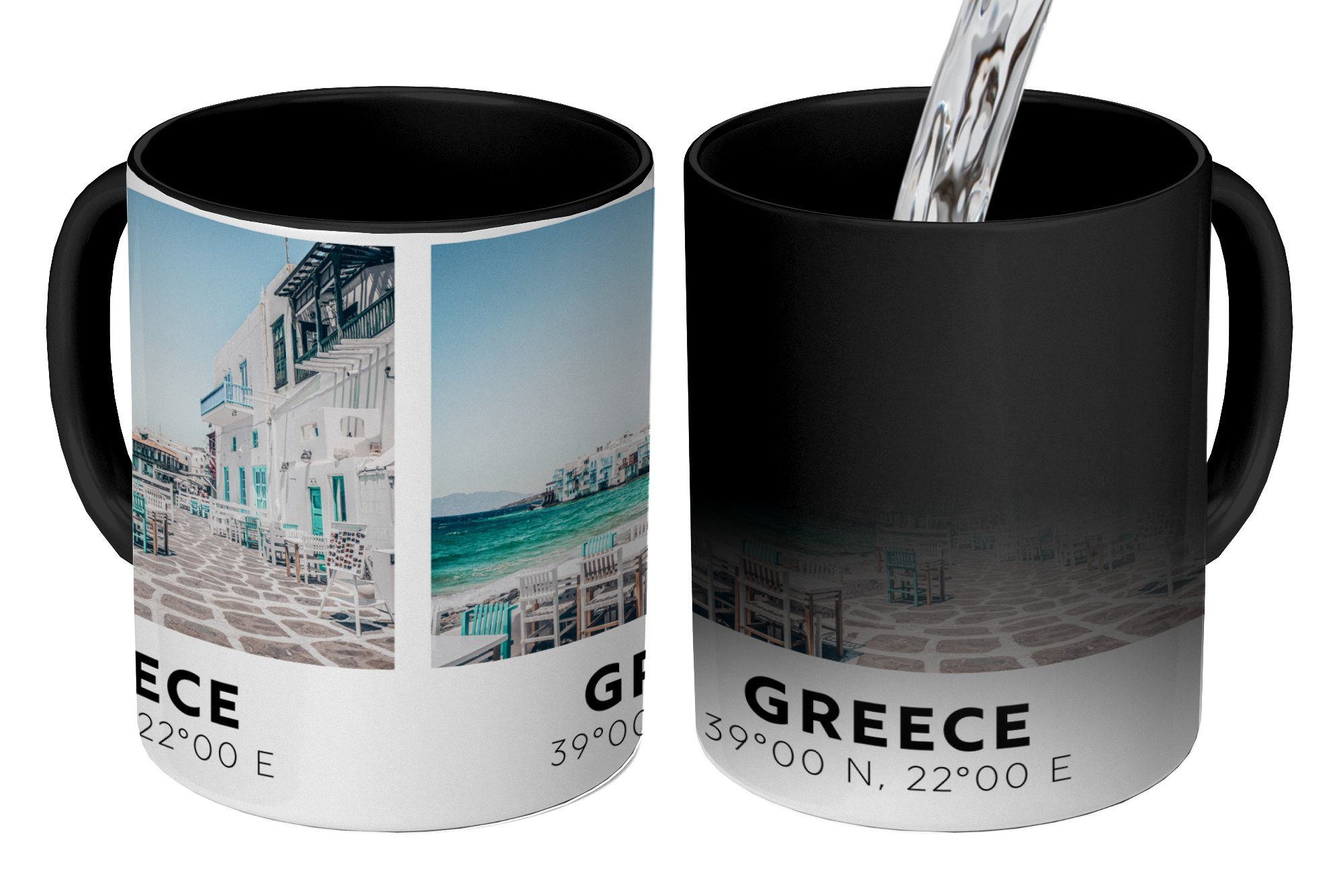 MuchoWow Tasse Griechenland - Blau - Meer - Terrasse, Keramik, Farbwechsel, Kaffeetassen, Teetasse, Zaubertasse, Geschenk