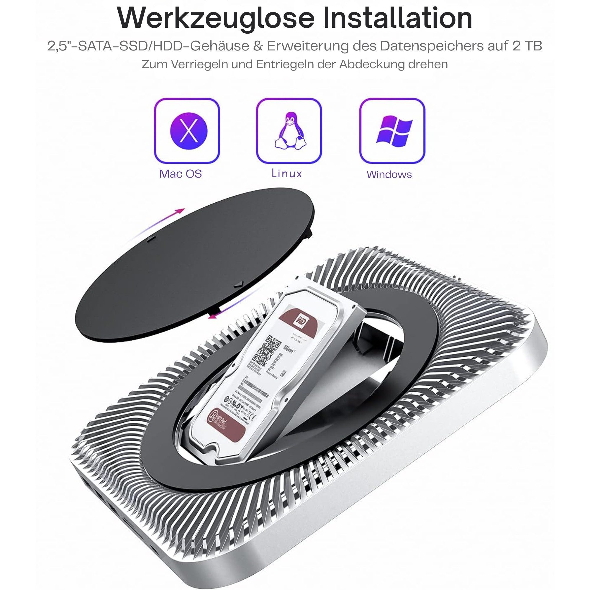 Vivitar 7-in-1 USB-Hub für Mac Mini M1 mit 2-in-1-HDD/SSD-Gehäuse, USB-Adapter Multiport-USB-C-Hub mit stabiler Verbindung und hoher Leistun zu, Plug-and-Play-Multiport-Adapter, Aluminiumdesign, ideal für Homeoffice, Büro, Multimedia, Backups und die Nutzung externer Festplatten, 2,5Zoll-SATA-Festplattengehäuse, 2× USB 3.0, USB 2.0, Kartenleser