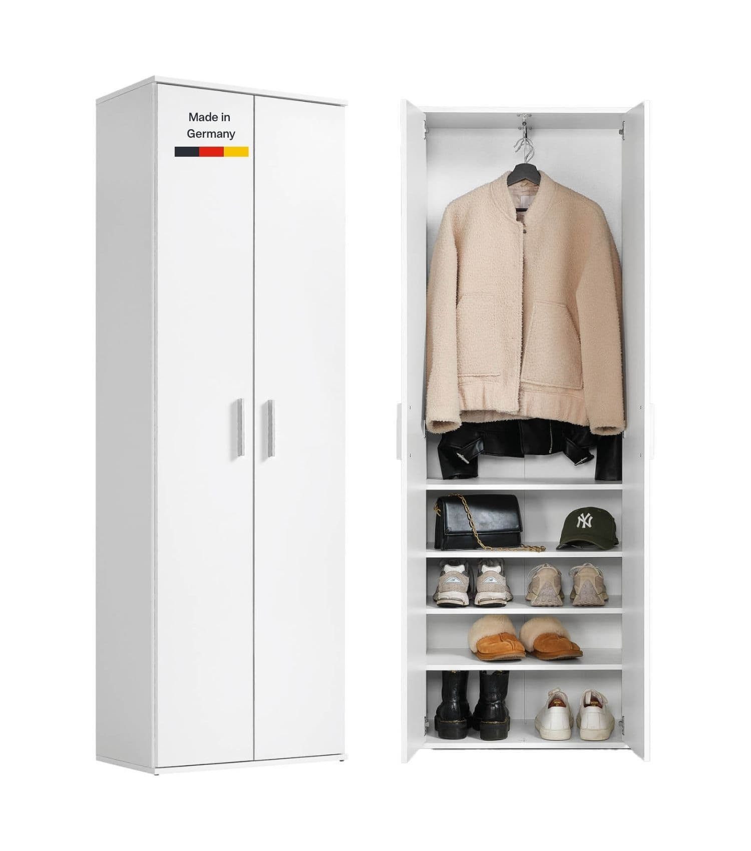 mokebo Mehrzweckschrank Der Lange (60x180 cm, mit einer Kleiderstange & Schuhfächern) Made in Germany, Garderobenschrank, Flurschrank, Schuhschrank in Weiß