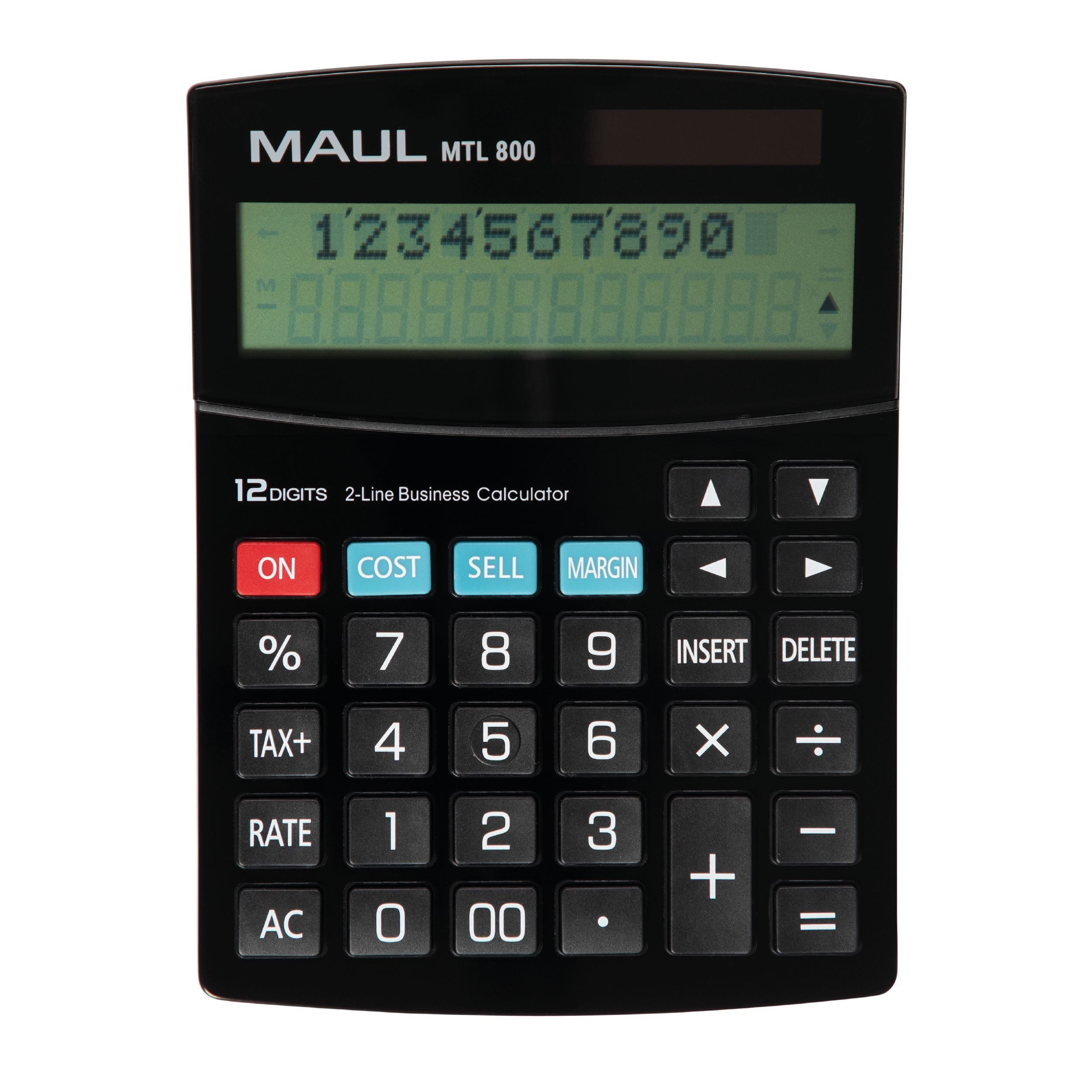 MAUL Taschenrechner mit kaufmännischen Funktionen, 12-stelliges Display mit 2 Zeilen, Steuerberechnung, Gewinnspannenberechnung, inkl. Gerätebeatterie