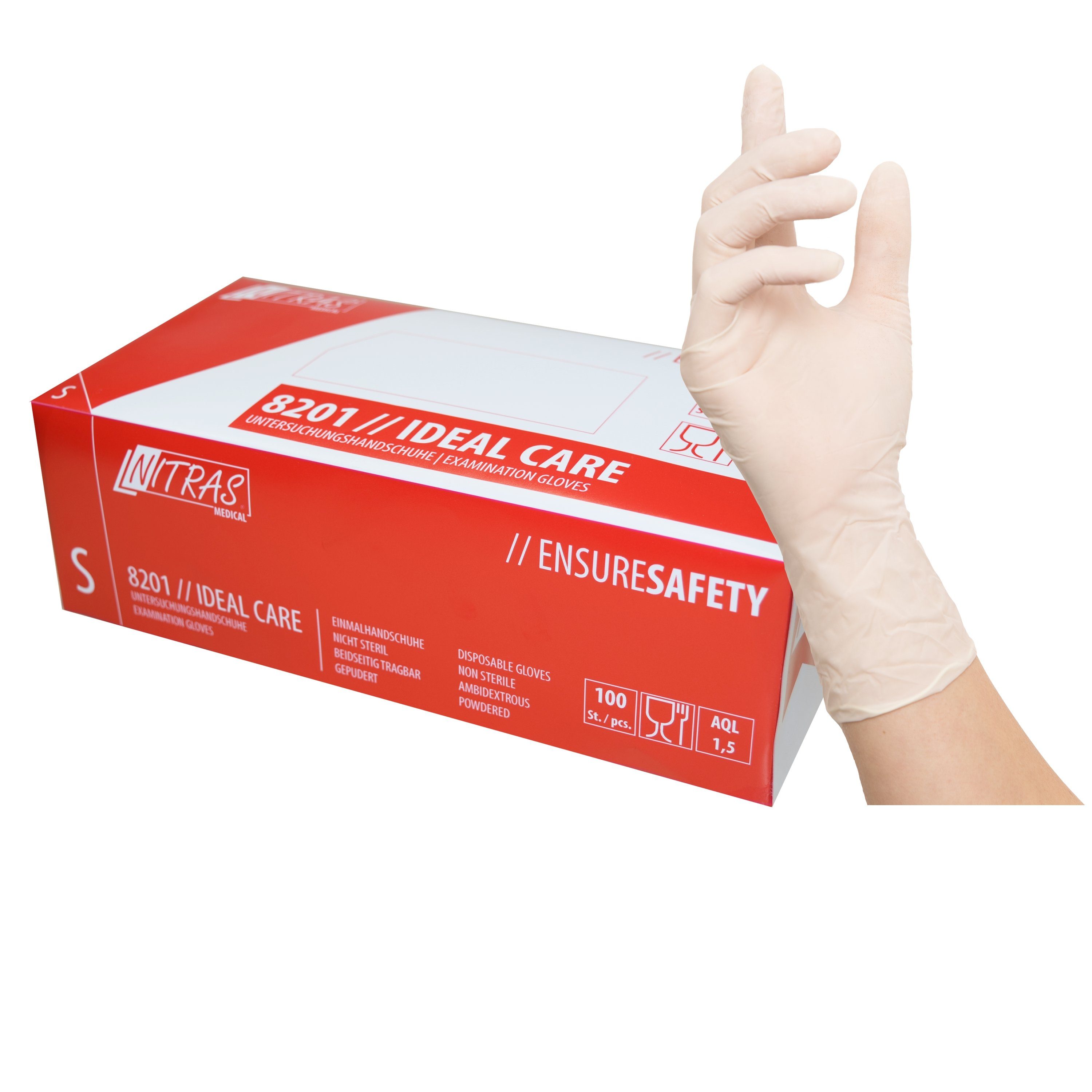Nitras Einweghandschuhe Nitras Medical Einweghandschuhe NITRAS Ideal Care 8201 Latex 100 Stk. (100 Stk) für Lebensmittelkontakt