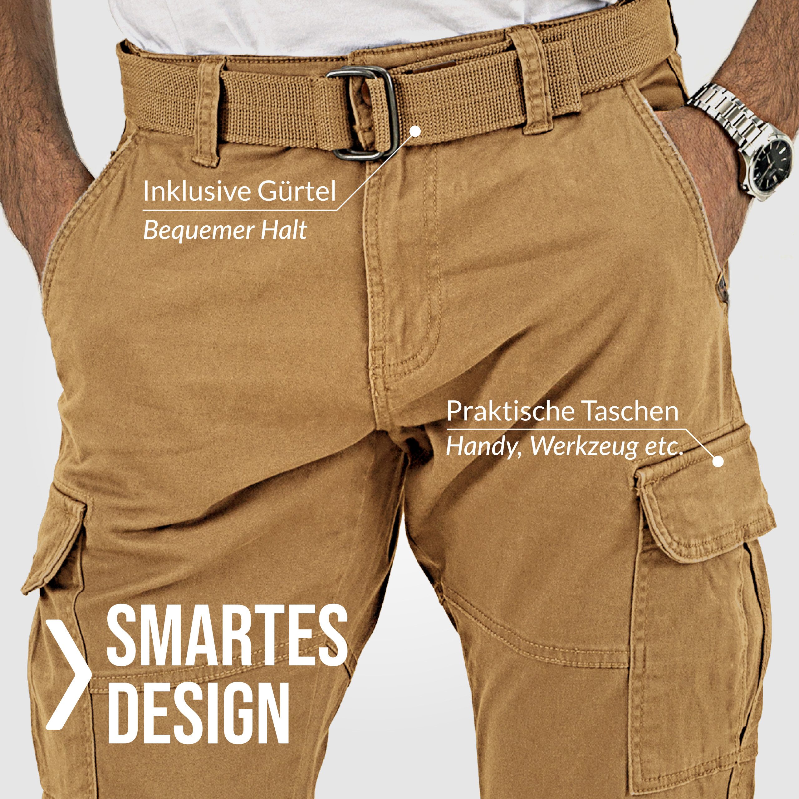 Indicode Cargohose Herren William Cargo Hose Herrenhose mit 7 Taschen, inkl. Gürtel