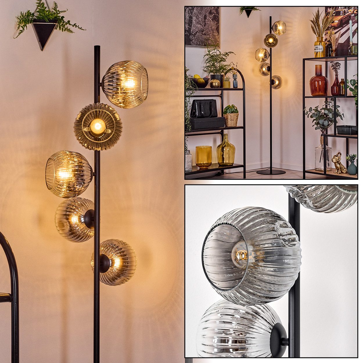 Stehlampe Stehlampe, Metall/Riffelglas, Schwarz/Chrom/Rauch/Klar, Retro-Design