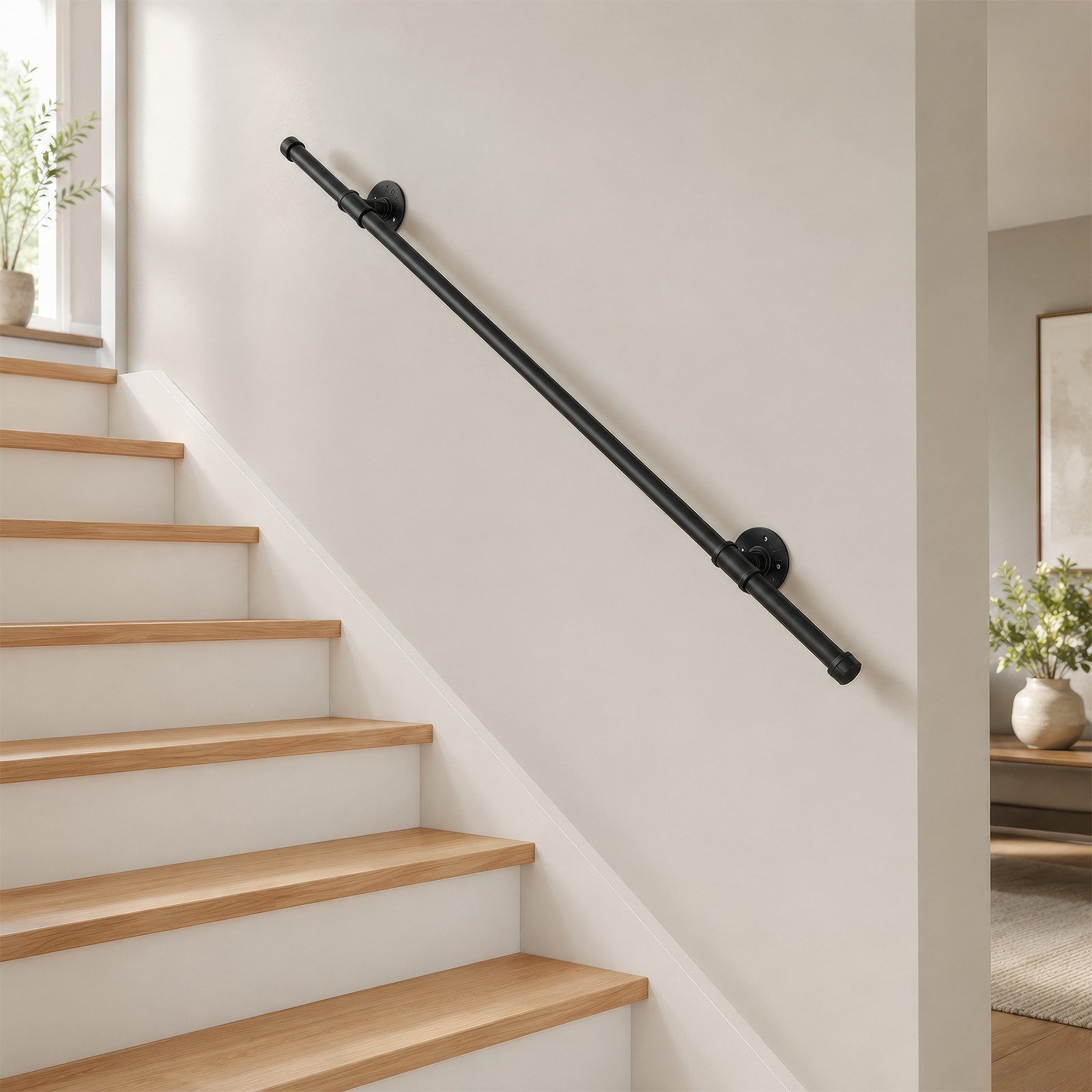BlingBin Treppengeländer Treppenhandlauf aus Metall, Wandmontage Industrieller Handlauf, 100 cm Länge, Wandmontiertes Geländer, 27-tlg., 100 cm - 2,5 cm Durchmesser, Rohr handlauf, Griffstange treppe wand, Schwarz