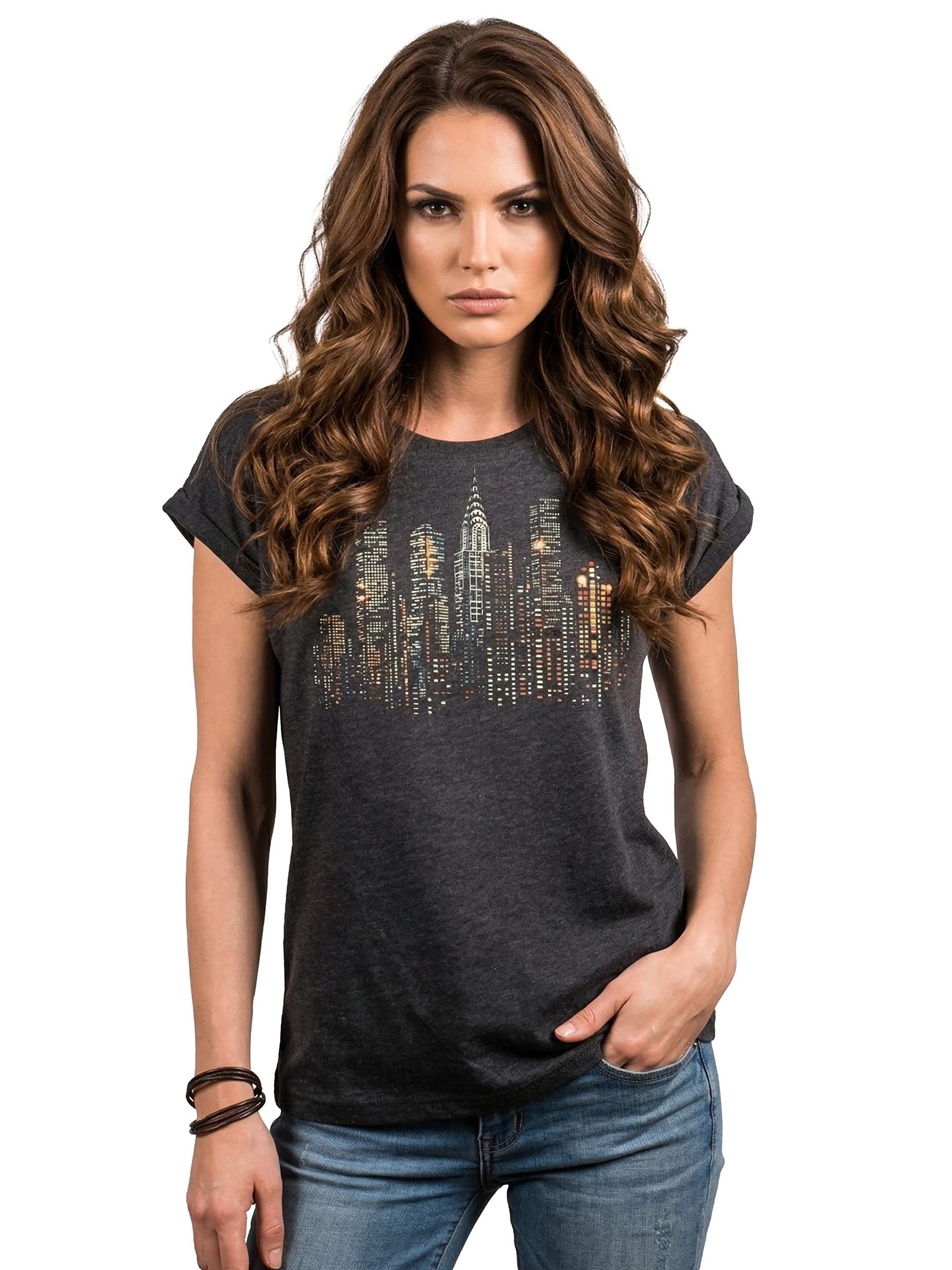 MAKAYA T-Shirt Damen-Top mit USA Skyline – bunte Punkte, New York & Amerika-Motiv (Schwarz, Blau, Dunkelgrau, 34, 36, 38, 40, 42, 44, 46, 48, 50) Baumwolle