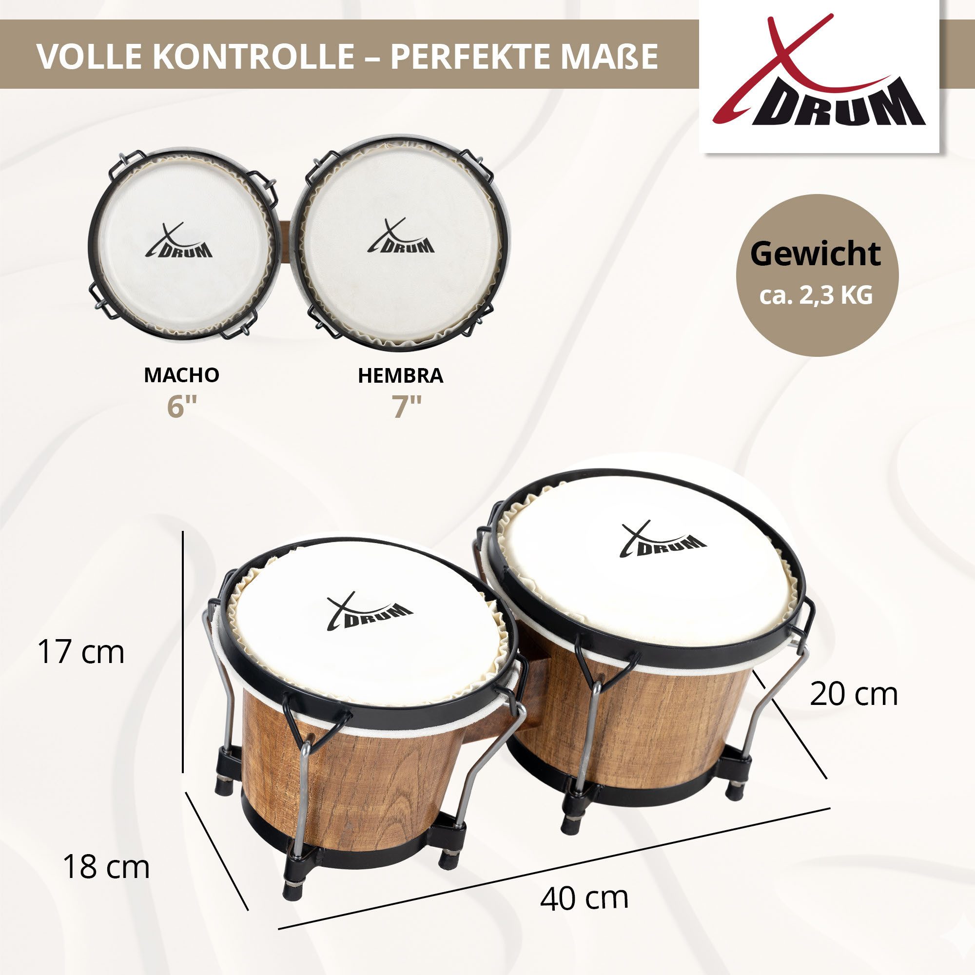 XDrum Bongo Bongos Club - 6" Macho und 7" Hembra, inkl. Stimmschlüssel, mit Naturfellen und professionellem Stimmsystem – Bild 4 von 5