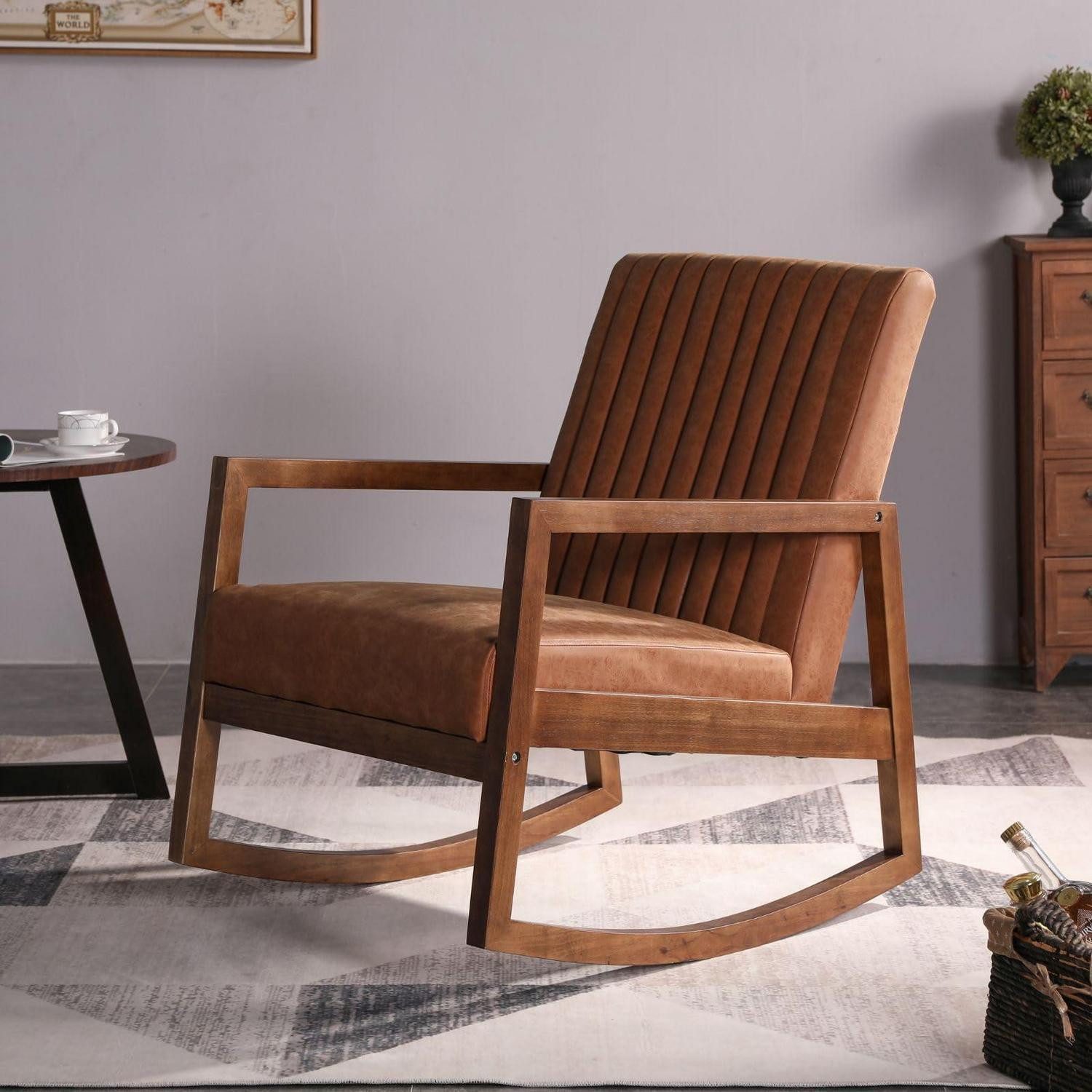 LuxusKollektion Schaukelstuhl Schaukelstuhl PU Leder Holzrahmen Armlehnen MidCentury Braun