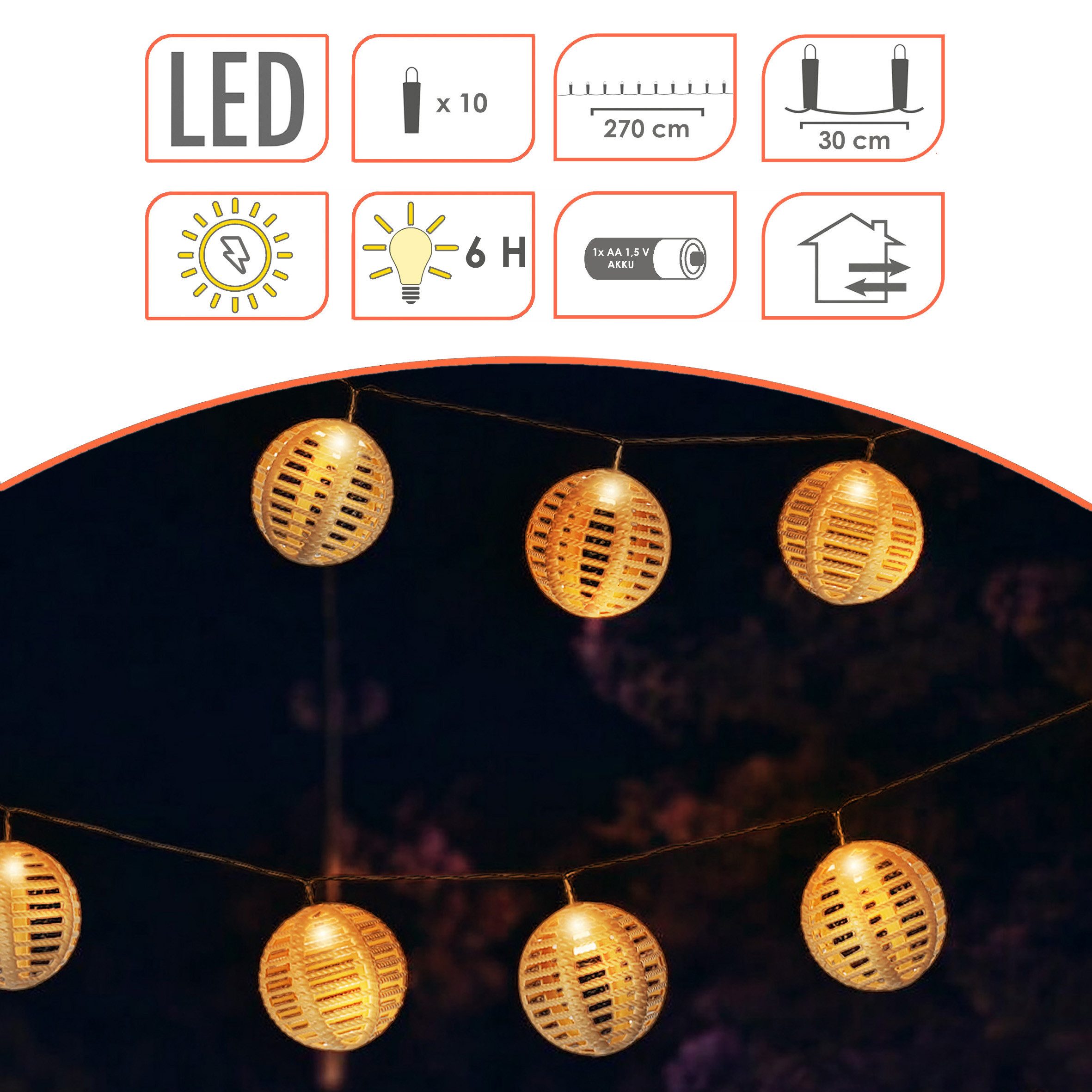 Spetebo LED-Lichterkette Solar Lichterkette mit 10 runden Lampions in Rattan Optik - 270 cm, 10-flammig, in rustikaler Rattan Optik