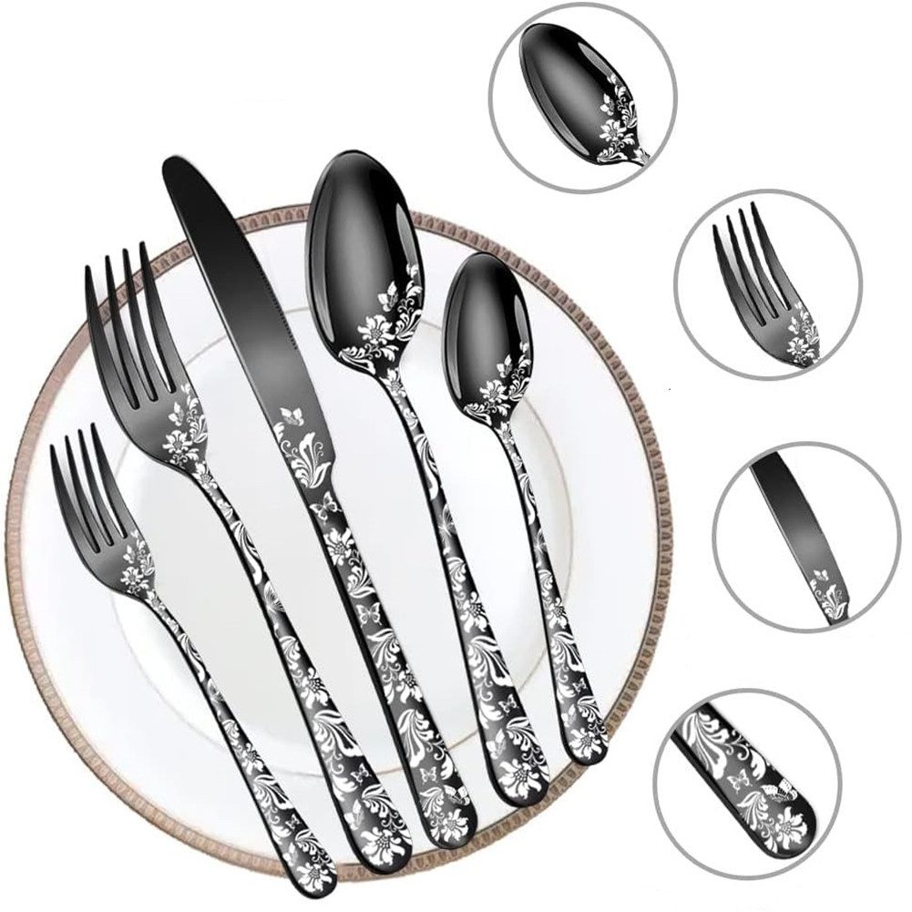 KEENZO Besteck-Set 30Stück Schwarz Mattiert Essbesteck-set Edelstahl mit Blumenspiegel (30-tlg), 6 Personen, Edelstahl