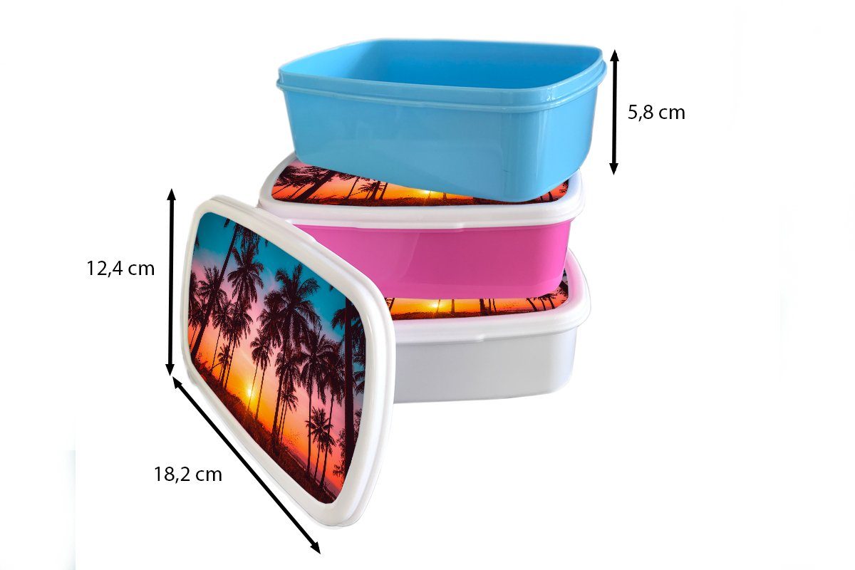 MuchoWow Lunchbox Palme - Brotbox Horizont Brotdose, und für Kinder Orange für Kunststoff, Erwachsene, Jungs - Sonnenuntergang Mädchen - (2-tlg), Strand - und Rosa, - weiß