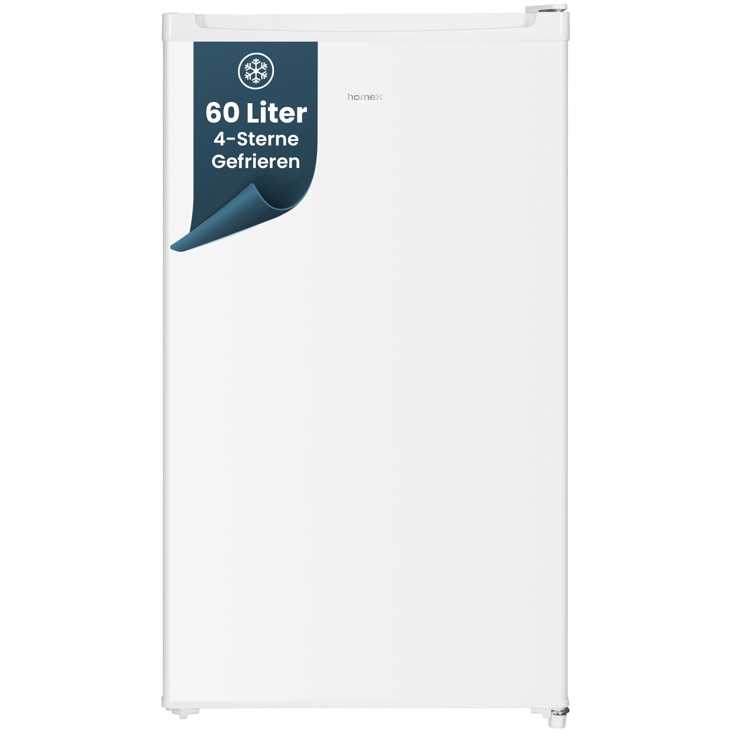 homeX Gefrierschrank FS1016-W, 85 cm hoch, 47.5 cm breit, 60 Liter, Tiefkühlschrank klein, Freezer, 4-Sterne Gefrieren, leise