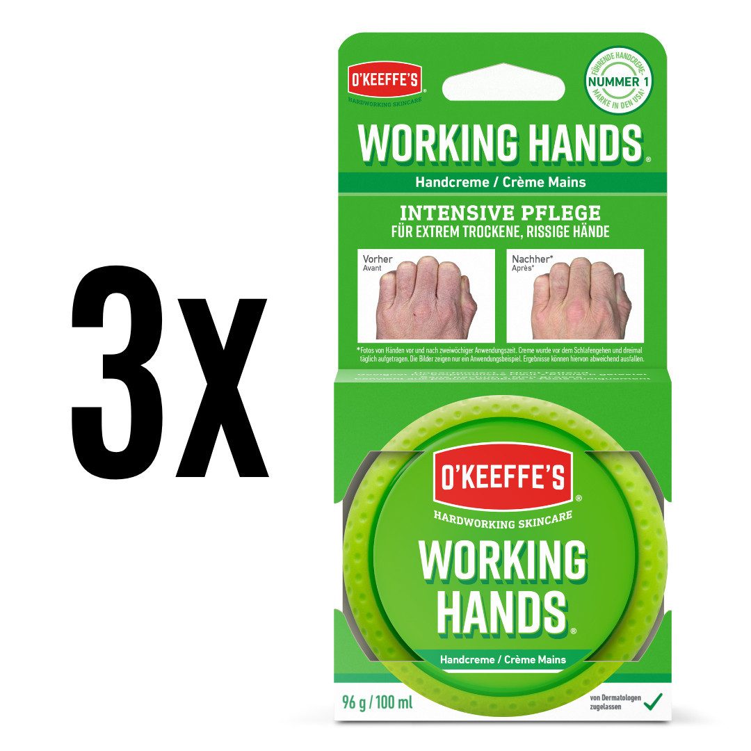 O'KEFFE'S Handcreme Working Hands, 96 g, 3-tlg., Für extrem trockene, rissige Hände, Frei von Duft- und Parfümstoffen