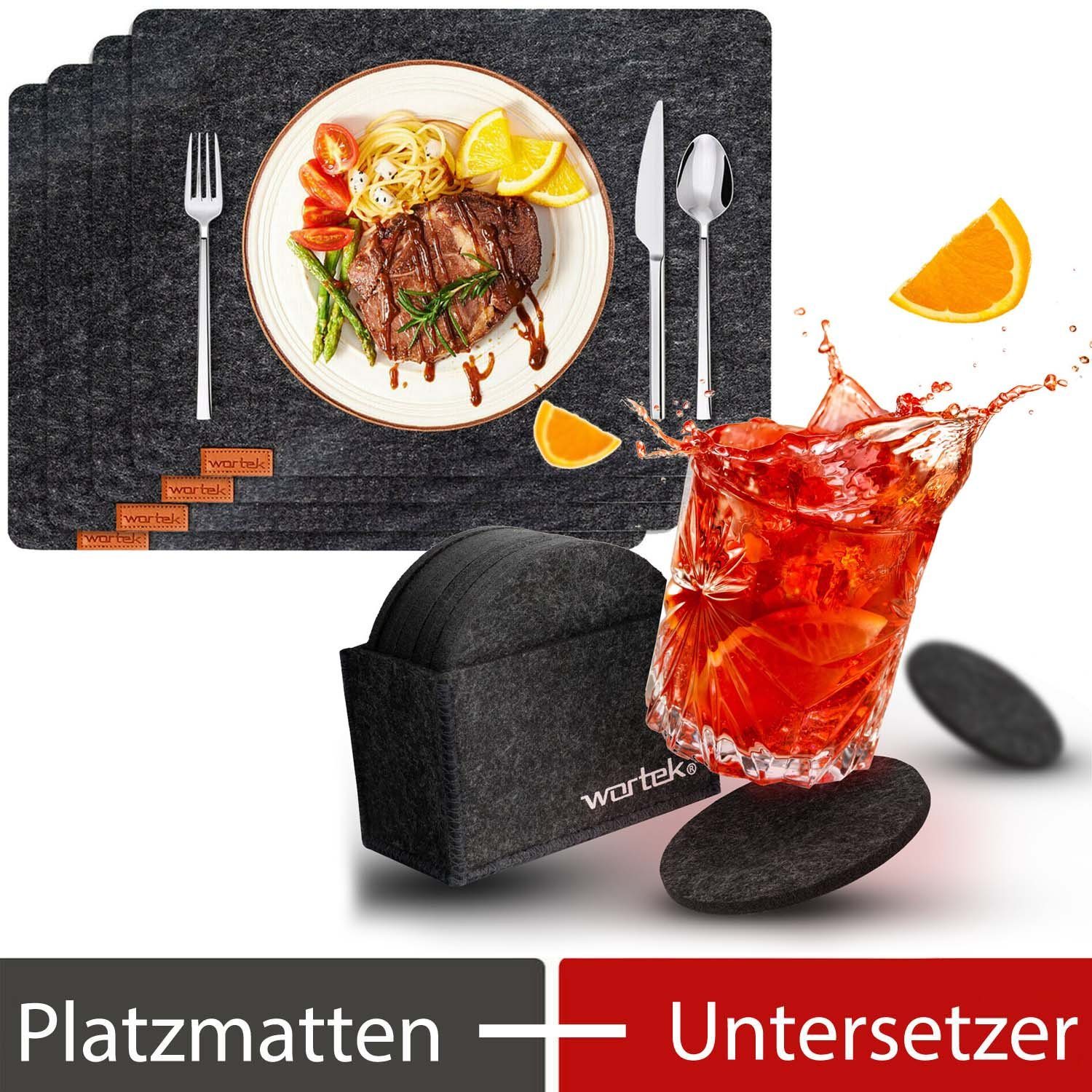 wortek Platzset Filz Set Platzmatten Eckig + Getränkeuntersetzer, (Set, 14-St), waschbare Tisch-Untersetzer & Getränkeuntersetzer Rund