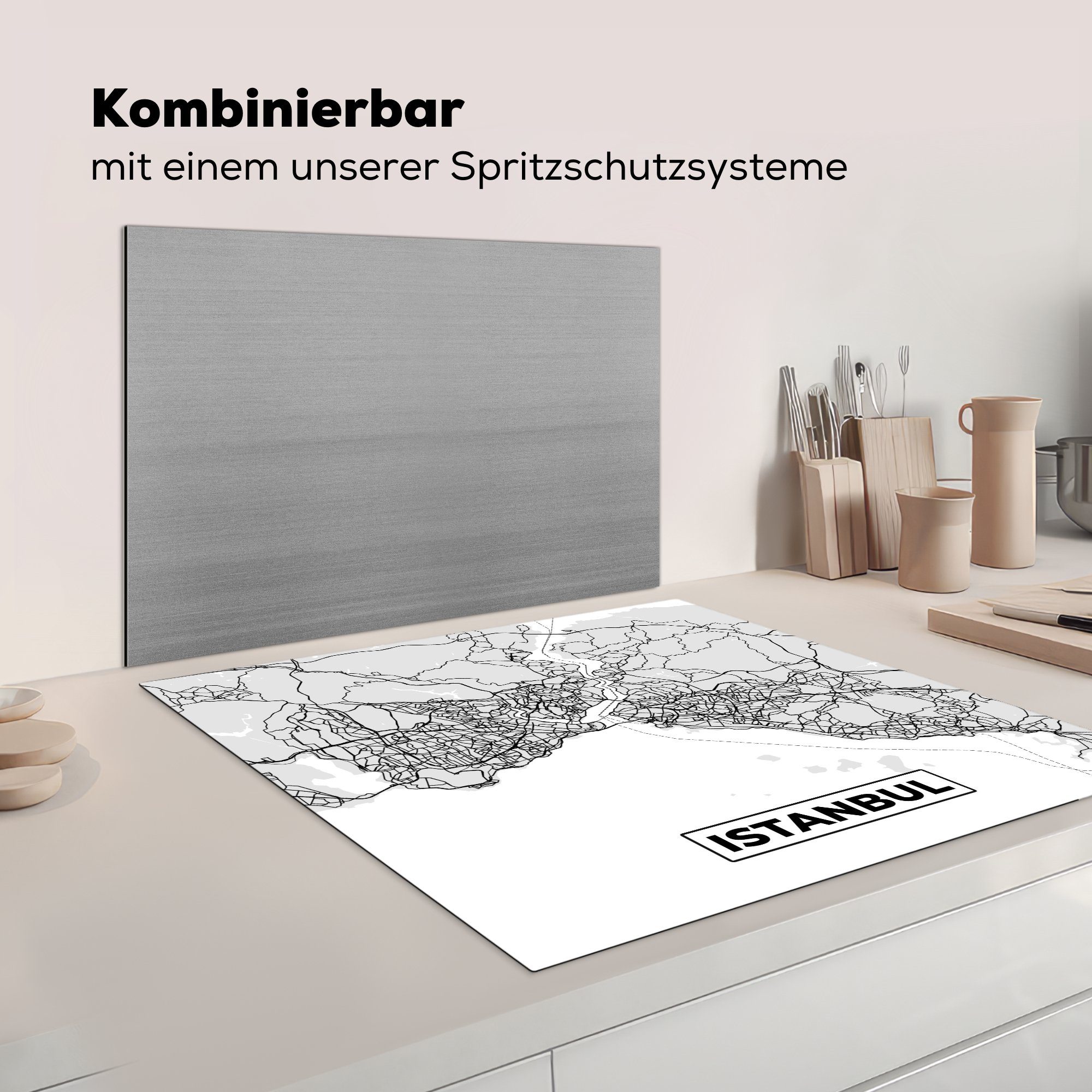 Karte (1 - - Herdblende-/Abdeckplatte 78x78 cm, küche Karte, Schwarz-weiß Vinyl, tlg), - Ceranfeldabdeckung, Arbeitsplatte - für Istanbul Stadtplan MuchoWow
