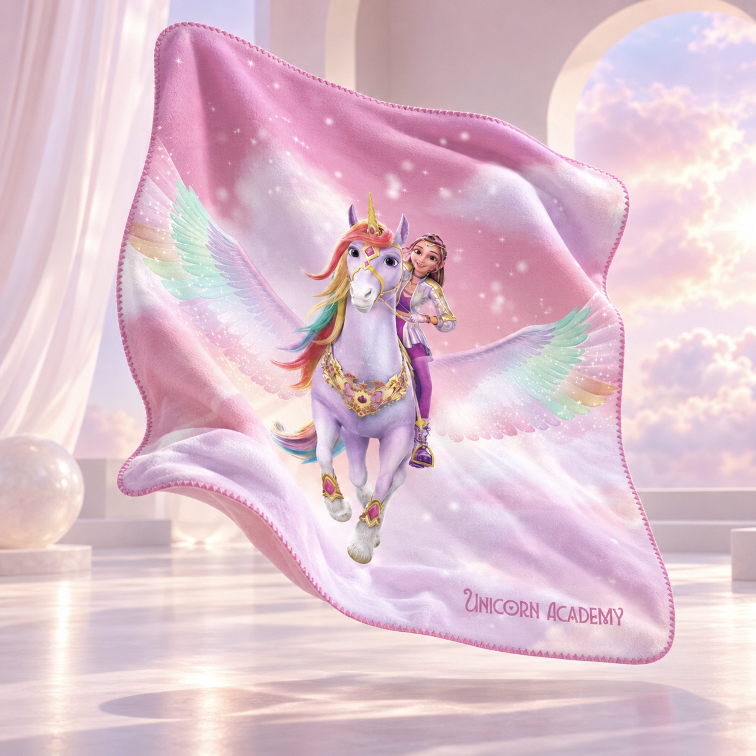 Wohndecke Unicorn Academy 130x160 cm, Sophia & Wildstar, MTOnlinehandel, Kuscheldecke mit Einhornmotiv in Rosa