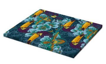 Posterlounge Leinwandbild Editors Choice, Tropische Blumen mit Tukan, Orientalisches Flair Grafikdesign