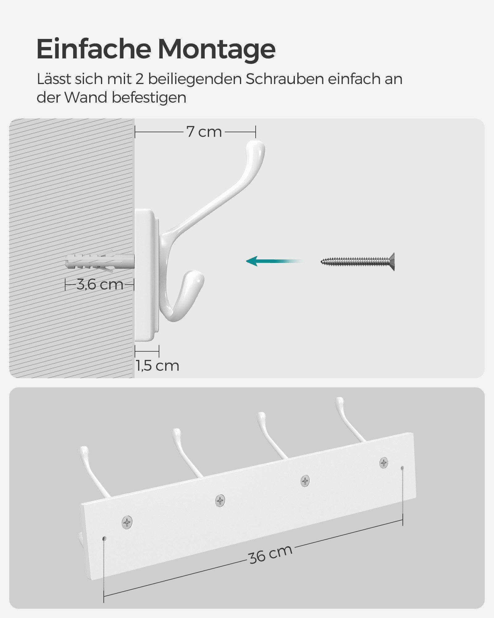 SONGMICS Wandgarderobe Garderobenleiste, Hakenleiste für Kleidung, Taschen, vormontiert, weiß (1er Set), 4 Dreifach-Kleiderhaken, 40 x 11 x 7 cm (L x B x H) – Bild 5 von 5