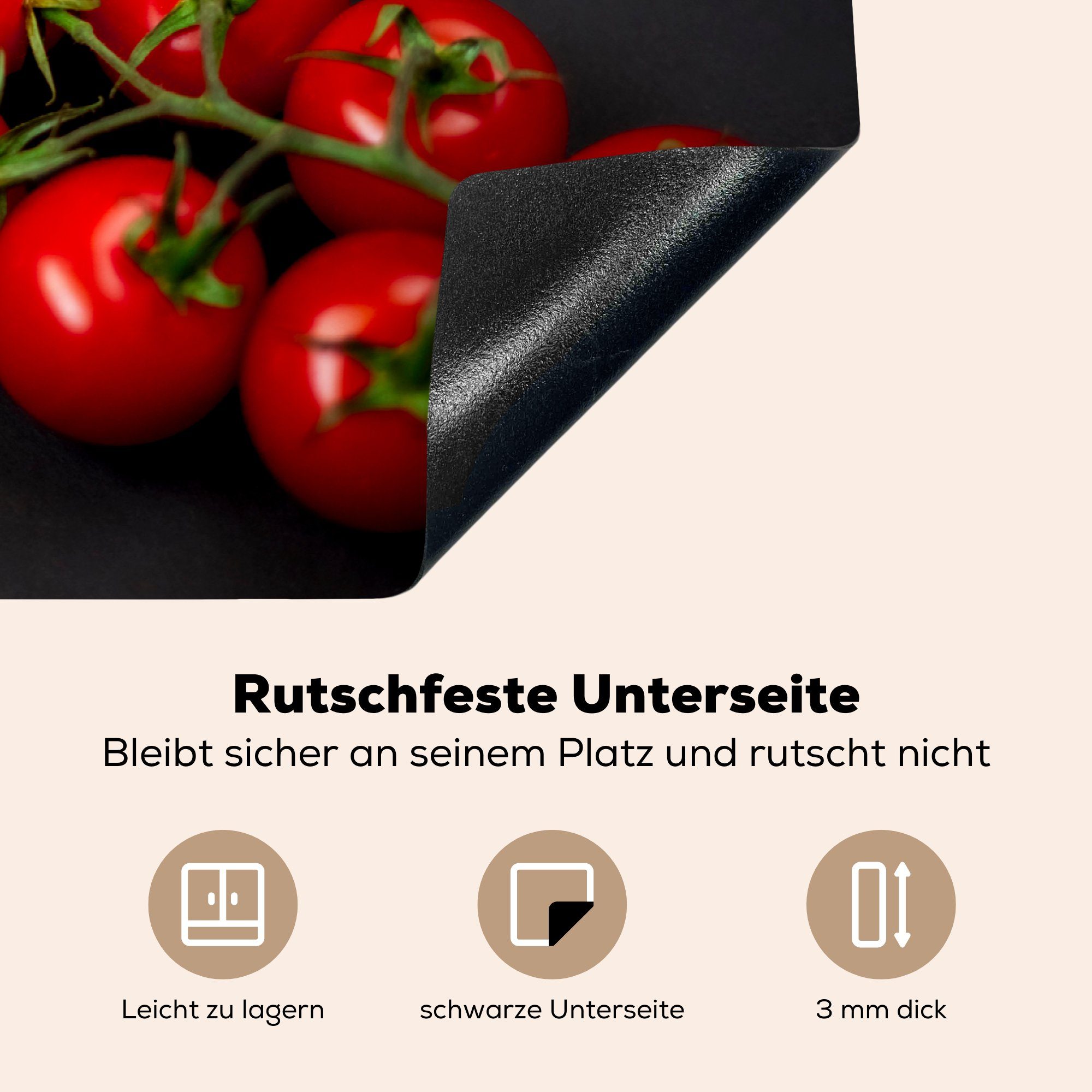 MuchoWow Herdblende-/Abdeckplatte Glänzende Ceranfeldabdeckung schwarzem Hintergrund, (1 Schutz Vinyl, tlg), küche, 81x52 cm, die auf Induktionskochfeld Tomaten für