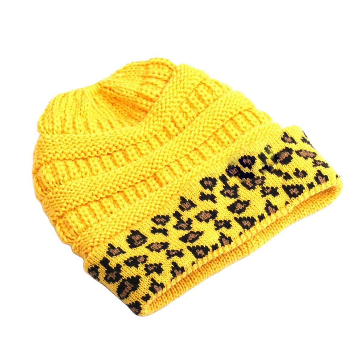 carefully selected Jerseymütze Damen-Strickmütze aus warmer Wolle mit Leopardenmuster Gelb | Mützen