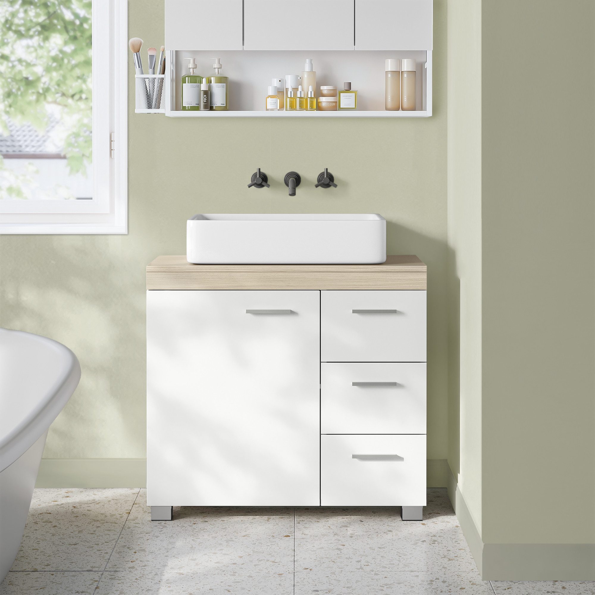 VASAGLE Waschbeckenunterschrank Badezimmerschrank Badschrank mit 3 großen Schubladen, 2 Fächer hinter der Tür, Breite 60/70 cm