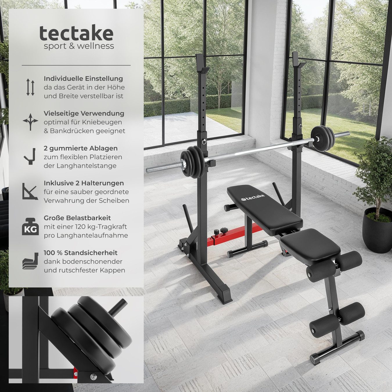 tectake Hantelbank Fitnessbank, bodenschonende Kunststoffkappen, multifunktional, (Trainingsbank Apollo, in schwarz), Mit oberer & vorderer Ablage, Höhe & Breite verstellbar, fester Stand