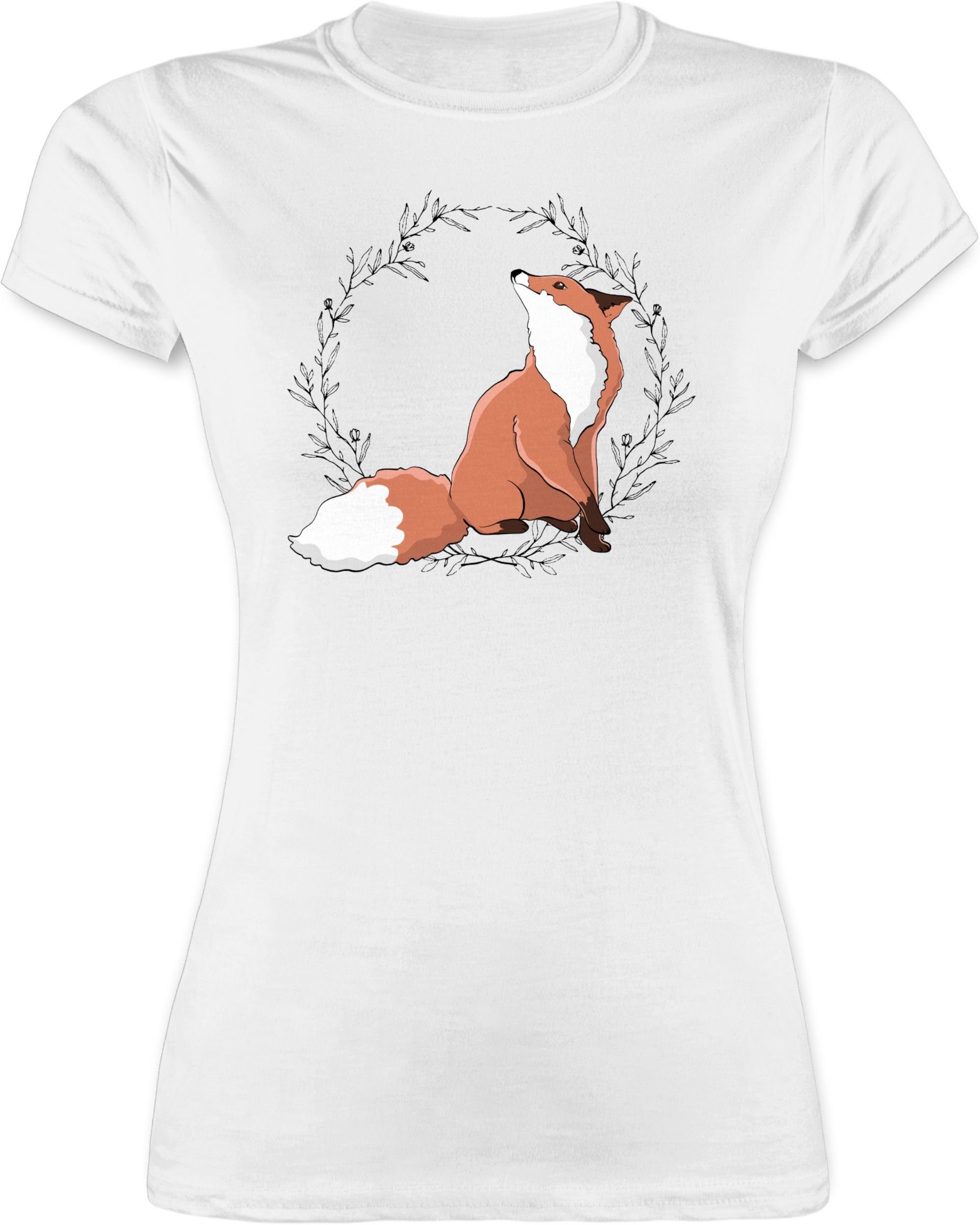 Damen Shirts Shirtracer T-Shirt Fuchs mit Blumenkranz - Tiere Zubehör - Damen Premium T-Shirt (1-tlg) Meerschweinchen Hase Delfi