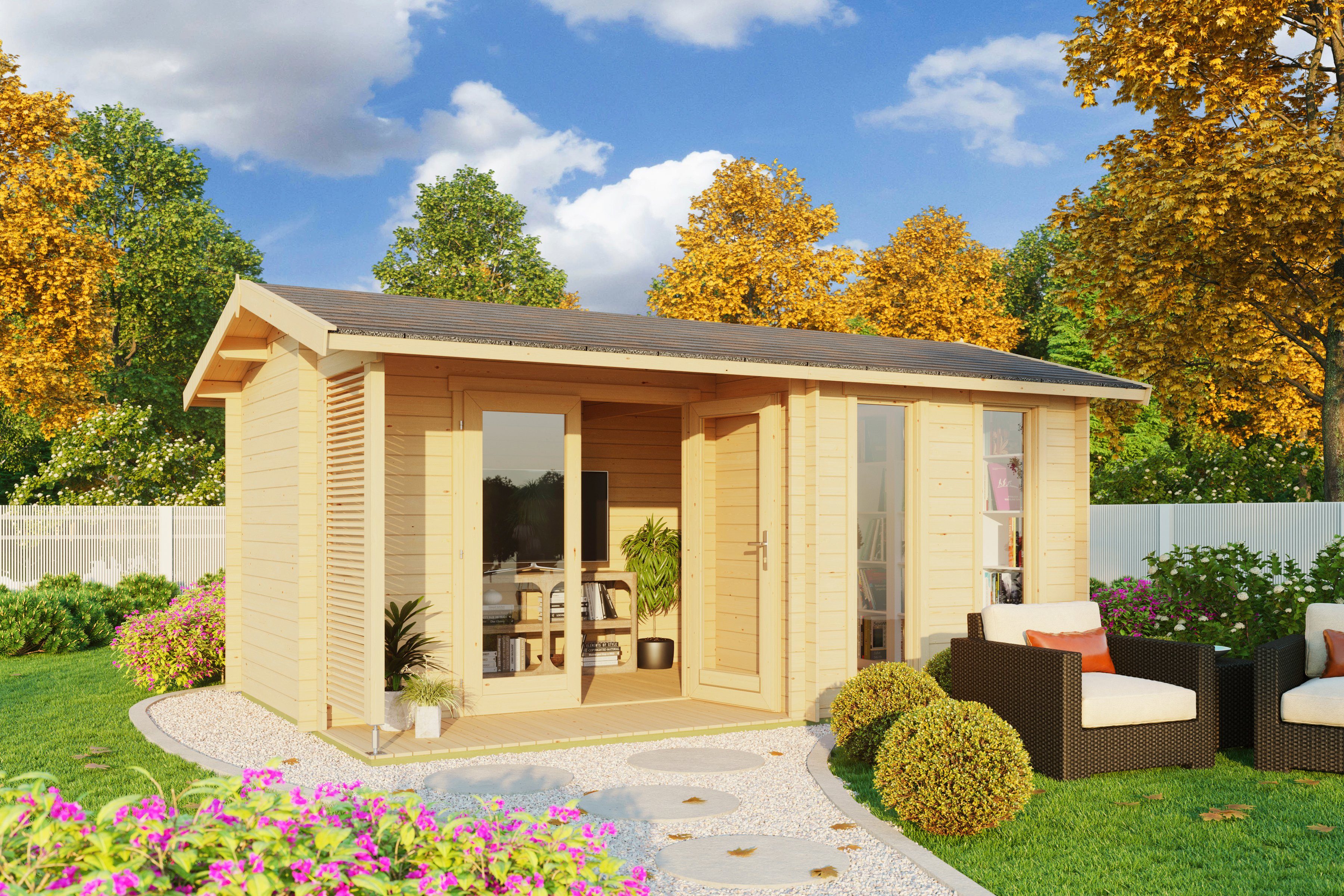 LASITA MAJA Gartenhaus Riverside, BxT: 500x357 cm, (Set), Blockbohlenhaus 28mm, mit Terrasse