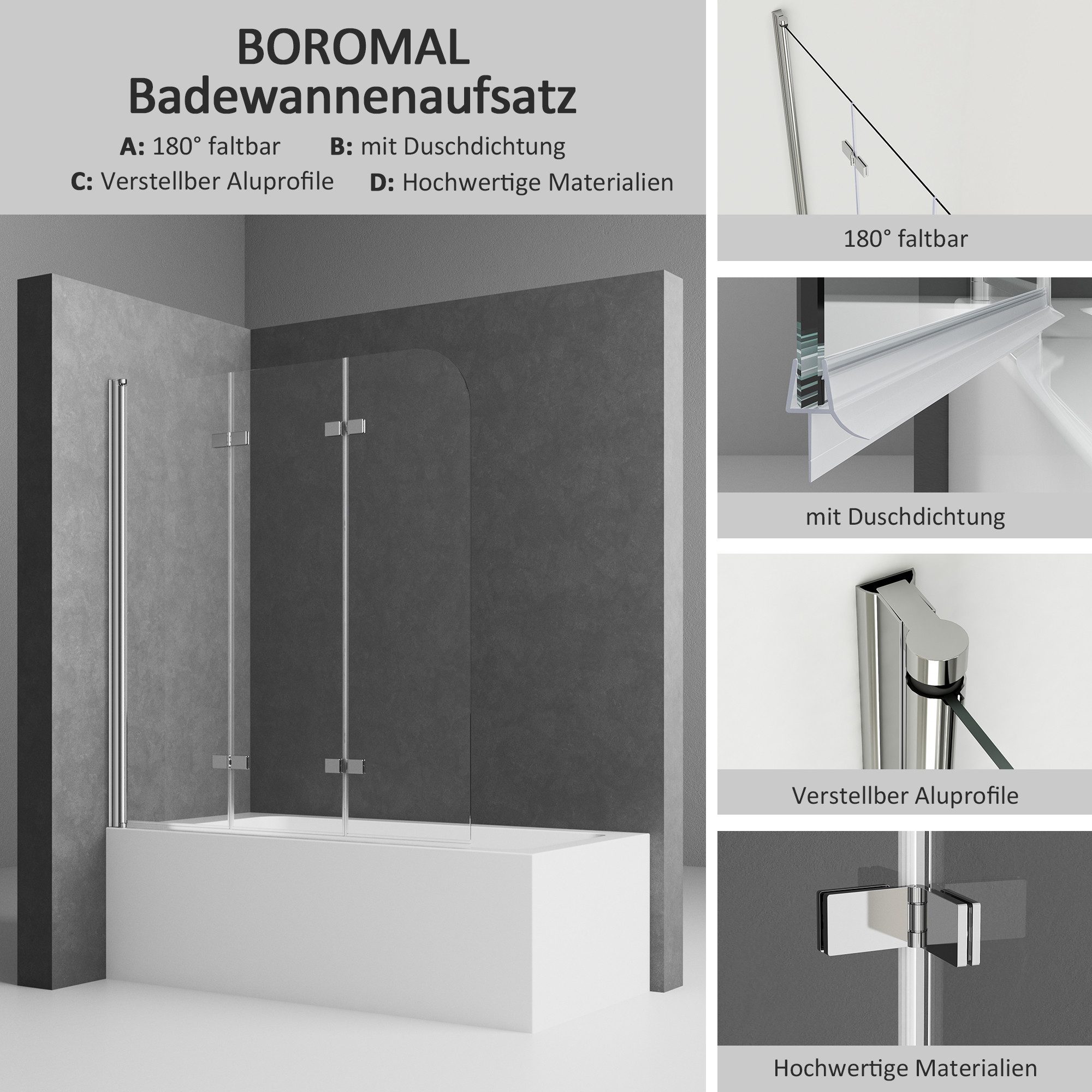 Boromal Duschwand für Badewanne Badewannenaufsatz Badewannenfaltwand günstig online kaufen