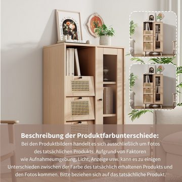 OKWISH Sideboard Vitrine Aufbewahrungsschrank, mit 1 Tür, 3 Schubladen, Rattan-Schubladen, Bücherregal