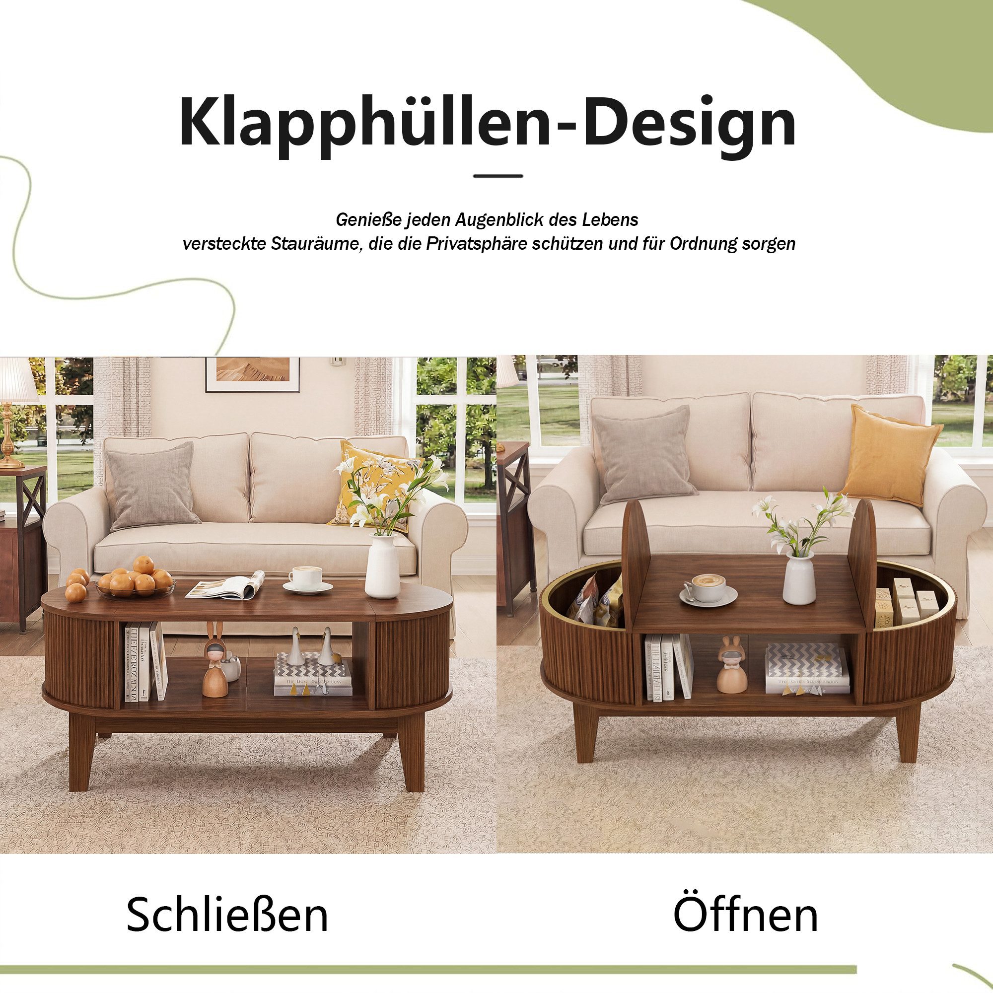 BELUPAI Couchtisch Wohnzimmertisch aus Holz mit verstecktem Stauraum, Sofatisch Walnussholzfarbe,100x50x40.5cm – Bild 4 von 5