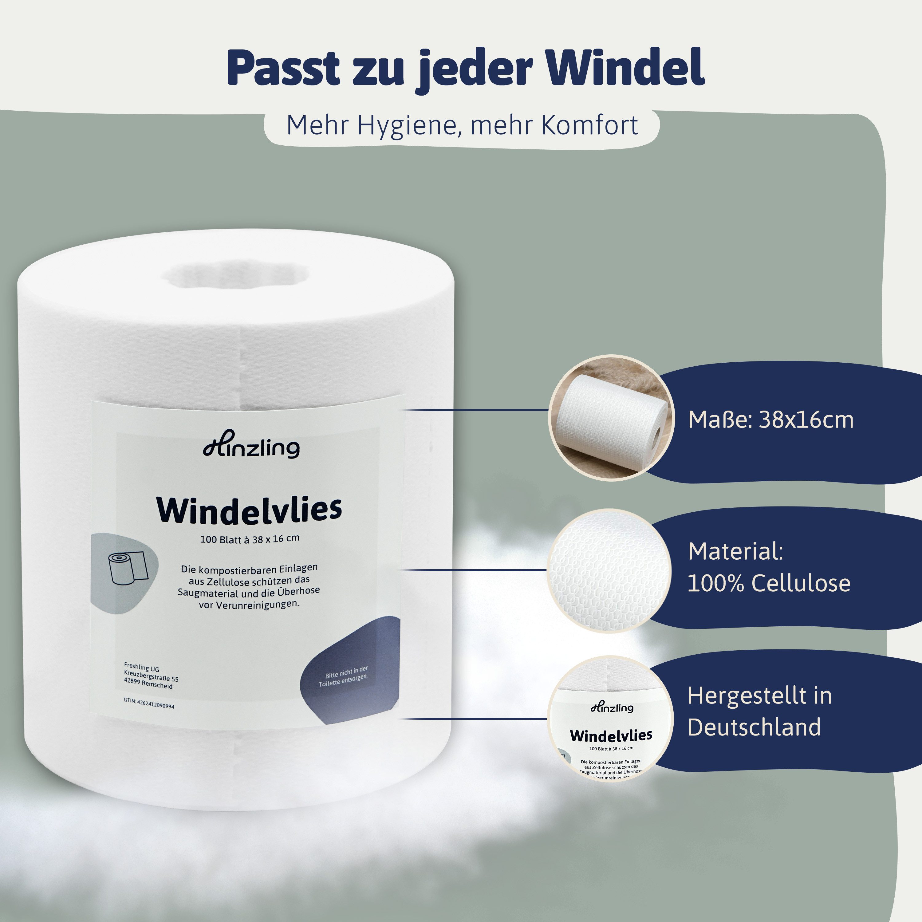 Hinzling Stoffwindeln Windelvlies – Windelvlies Rolle 100 Blatt – Windeleinlagen Baby