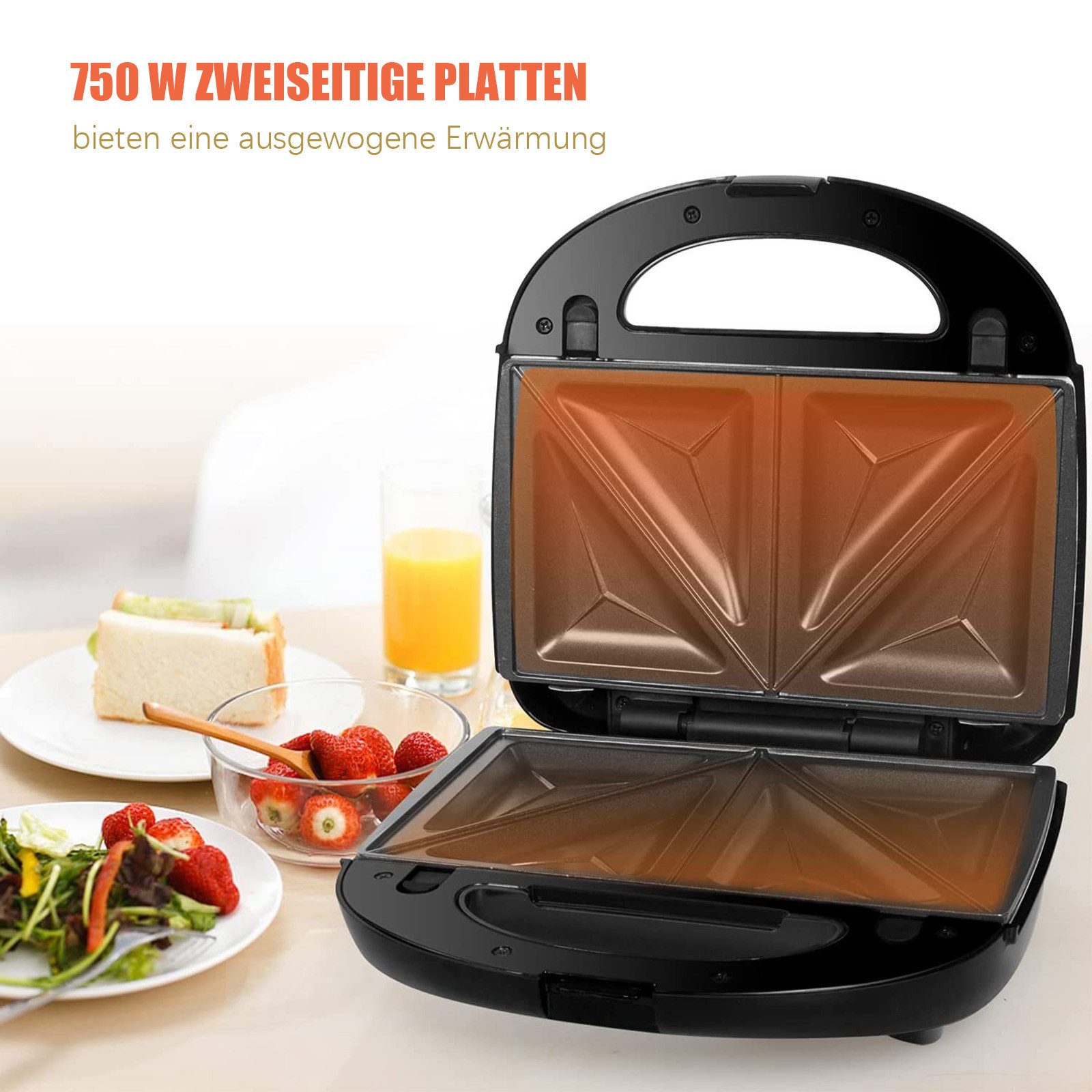 OZAVO 3-in-1-Sandwichmaker Sandwichtoaster, Waffeleisen,Kontaktgrill 23*23cm, 750 W, Antihaftbeschichtete abnehmbare Platten