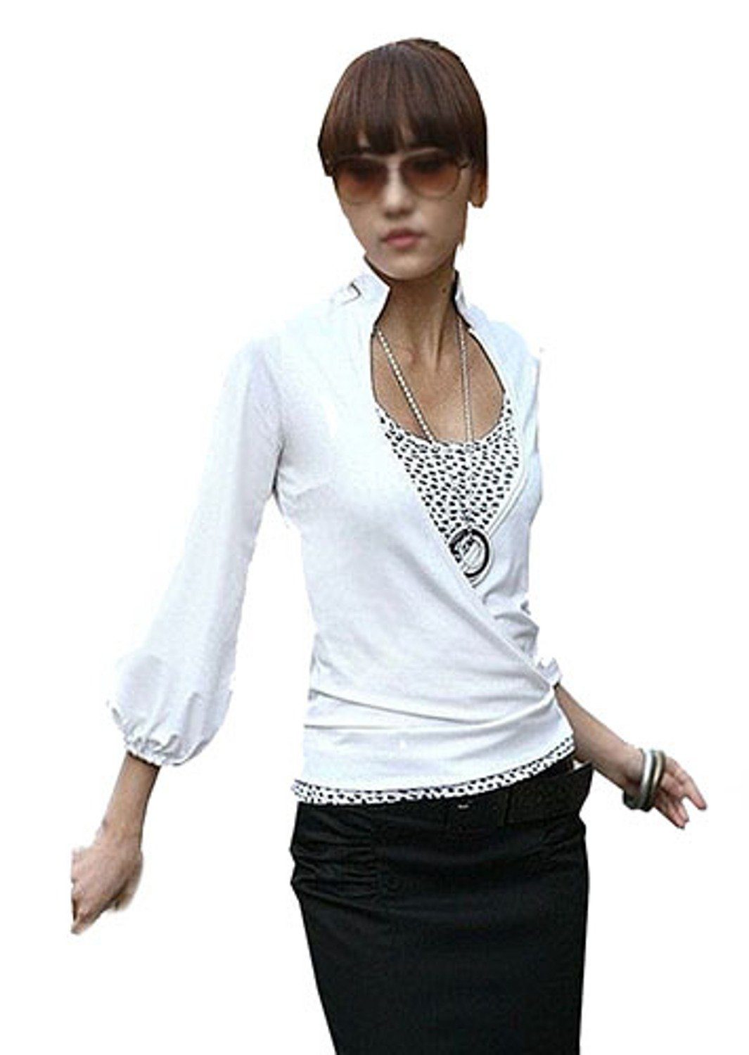 Mississhop 3/4-Arm-Shirt Bluse Tunika Longshirt mit Ballonärmeln Weiß
