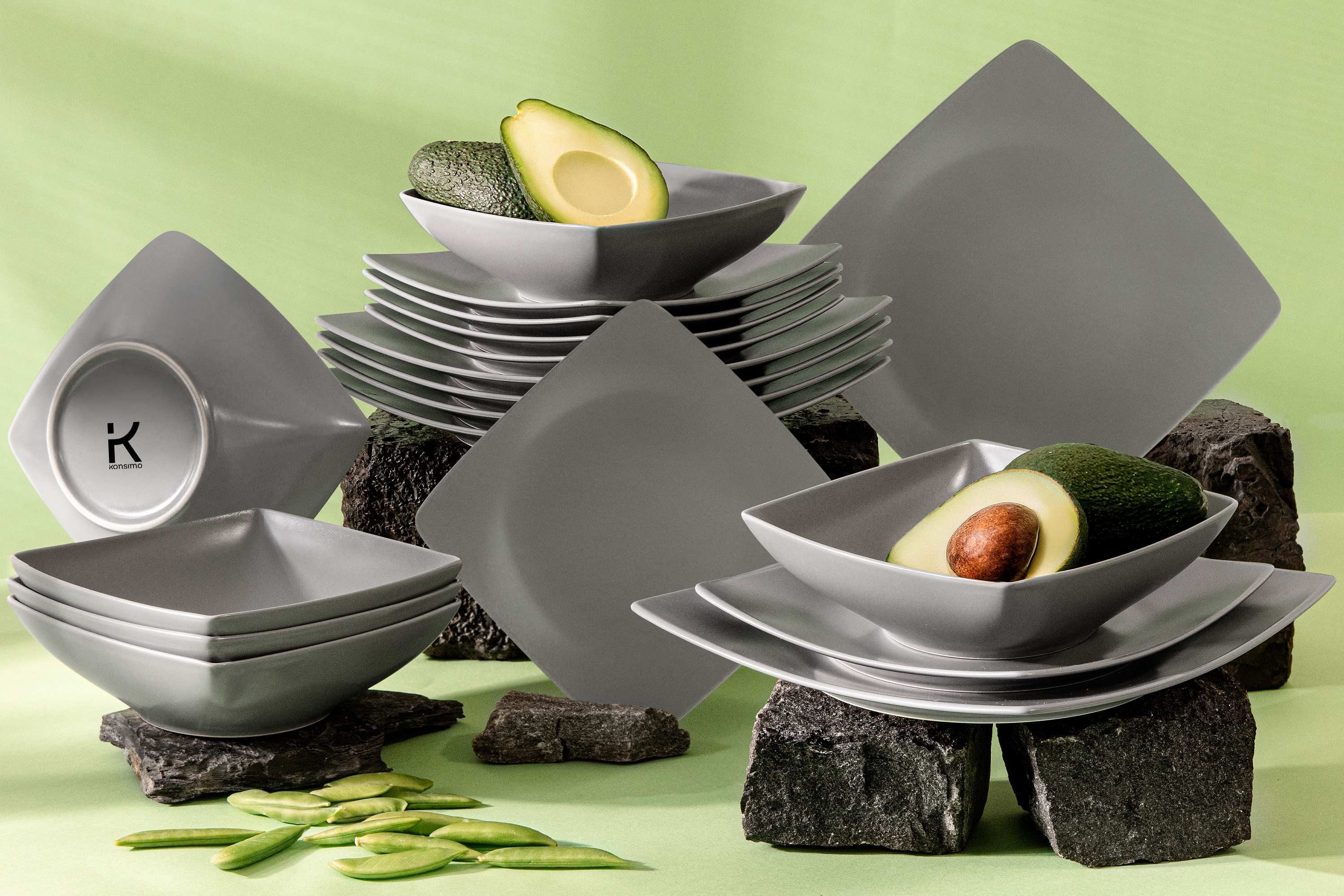 KONSIMO® Tafelservice EPIRI Geschirrset, Modern, hergestellt in der EU (18-tlg), 6 Personen, Keramik, quadratisch, Spulmachinen- und Mikrowellengeeignet